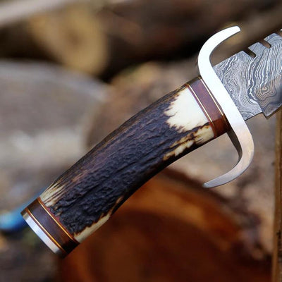 Exquisite 12" Damascus Steel Bowie Knife with Stag Horn Handle & Leather Sheath - Korvel