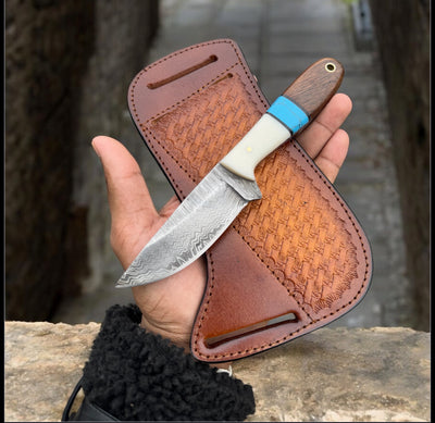 Premium Western Knife & Leather Sheath Set – Damascus Steel Blade with Ergonomic Handle - Korvel