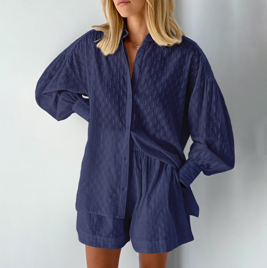 Lantern Sleeve Loose Shirt and Shorts Set