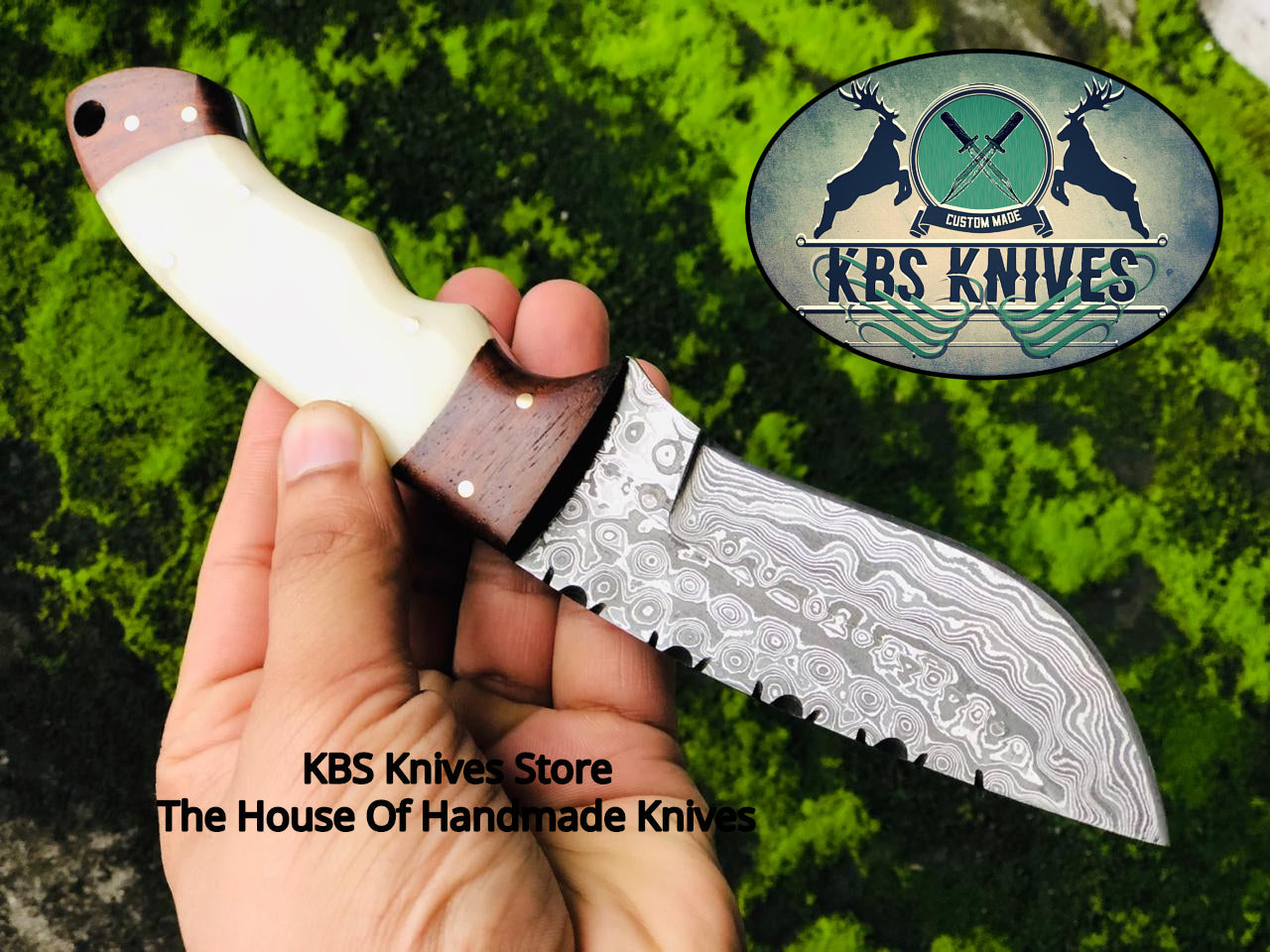 Premium Raindrops Damascus Skinning Knife - Elegant Rosewood & Bone Handle - 9-Inch Precision Tool - Korvel