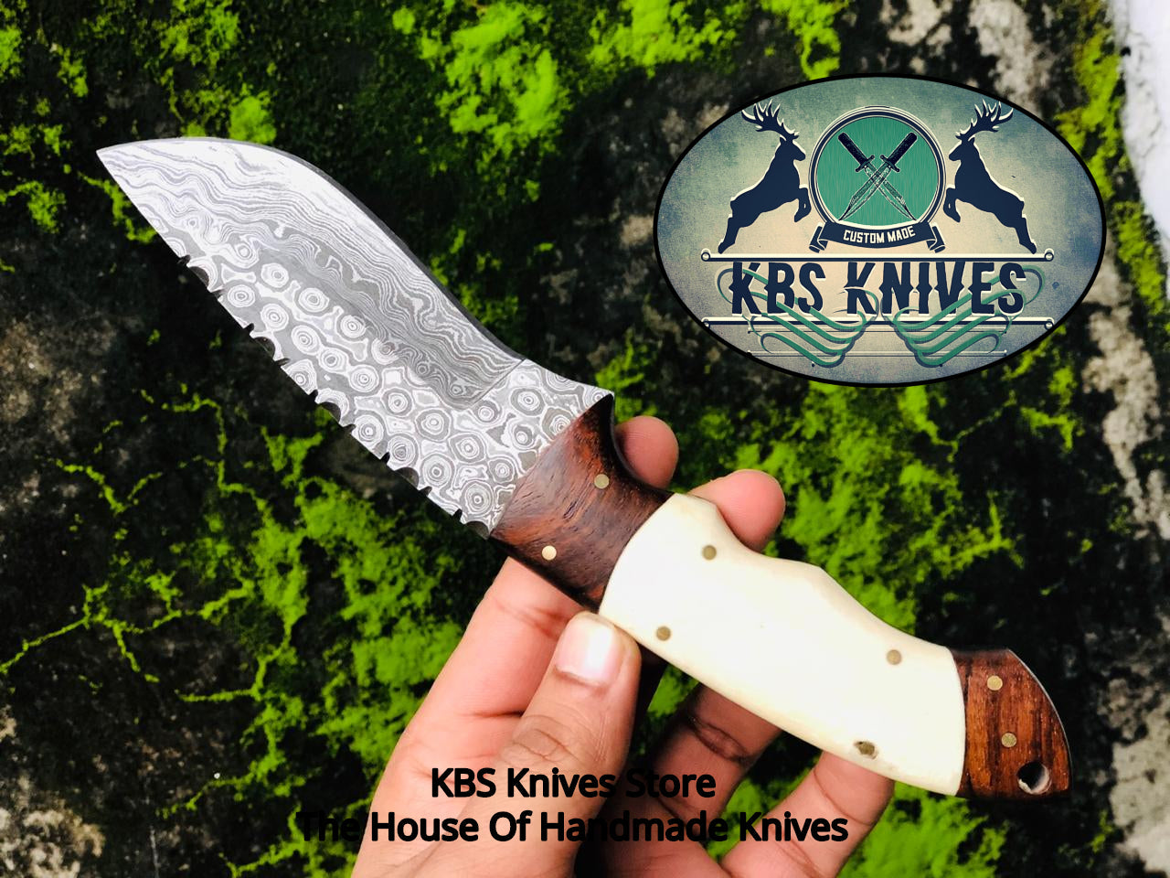 Premium Raindrops Damascus Skinning Knife - Elegant Rosewood & Bone Handle - 9-Inch Precision Tool - Korvel