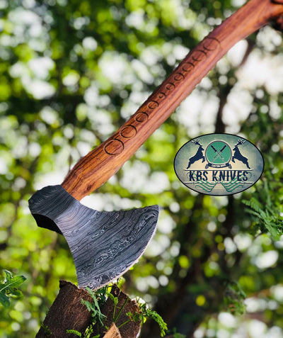 Viking Beard Axe - Handcrafted Damascus Steel with Rosewood Handle & Leather Sheath - Korvel