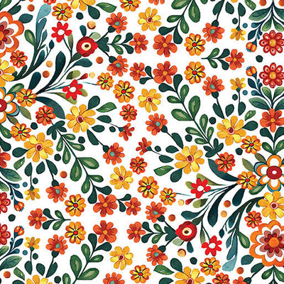 White Folklore Garden Cotton Fabric - 44"/45" Per Yard