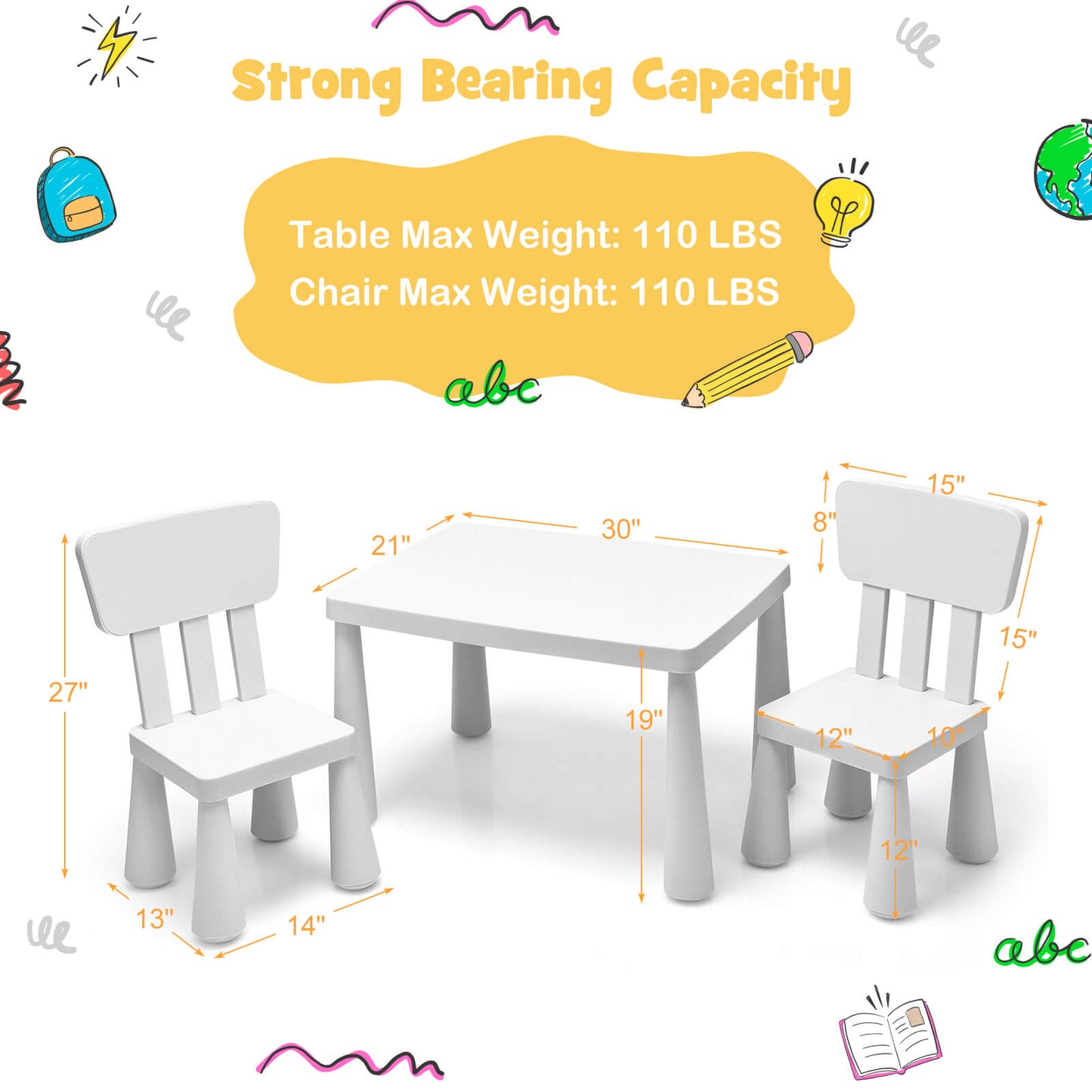 Juego de Comedor y Estudio Multi Actividad para Niños de 3 Piezas - Blanco