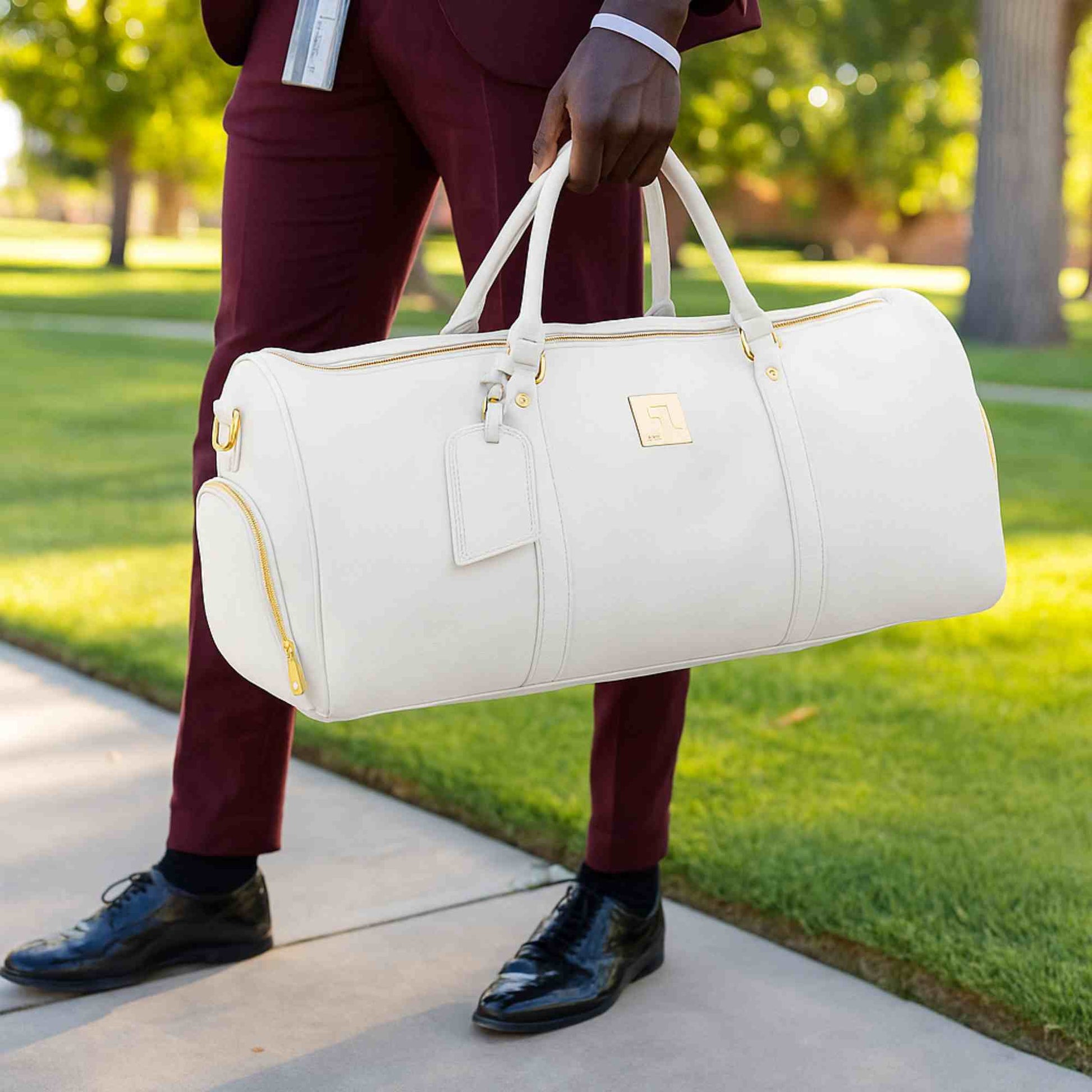 White Leather Weekender Duffle Bag - Korvel