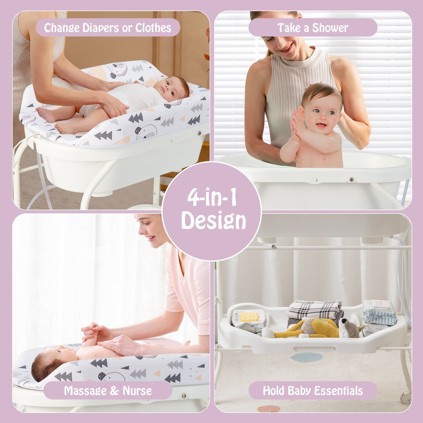 Table à langer pliable avec baignoire et roues - Blanc