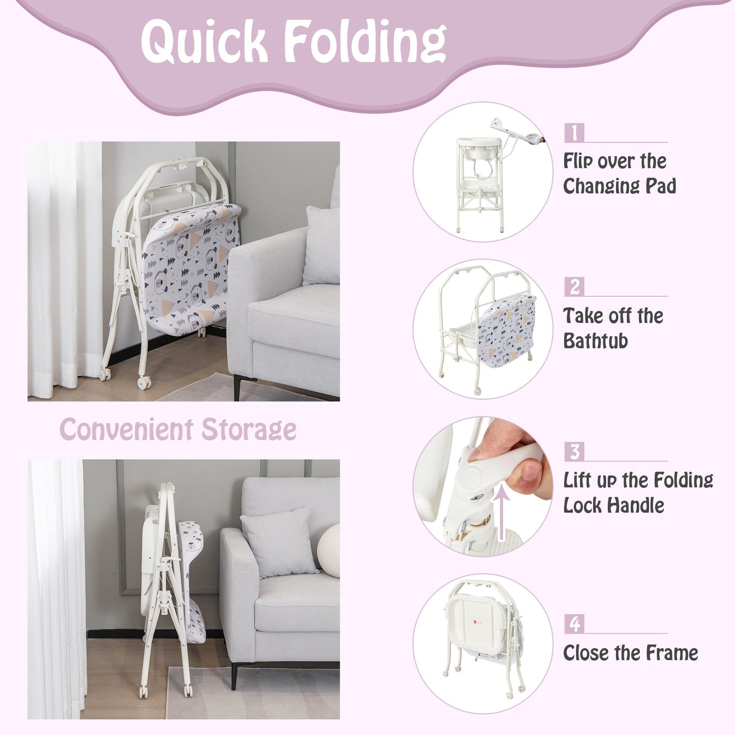 Table à langer pliable avec baignoire et roues - Blanc