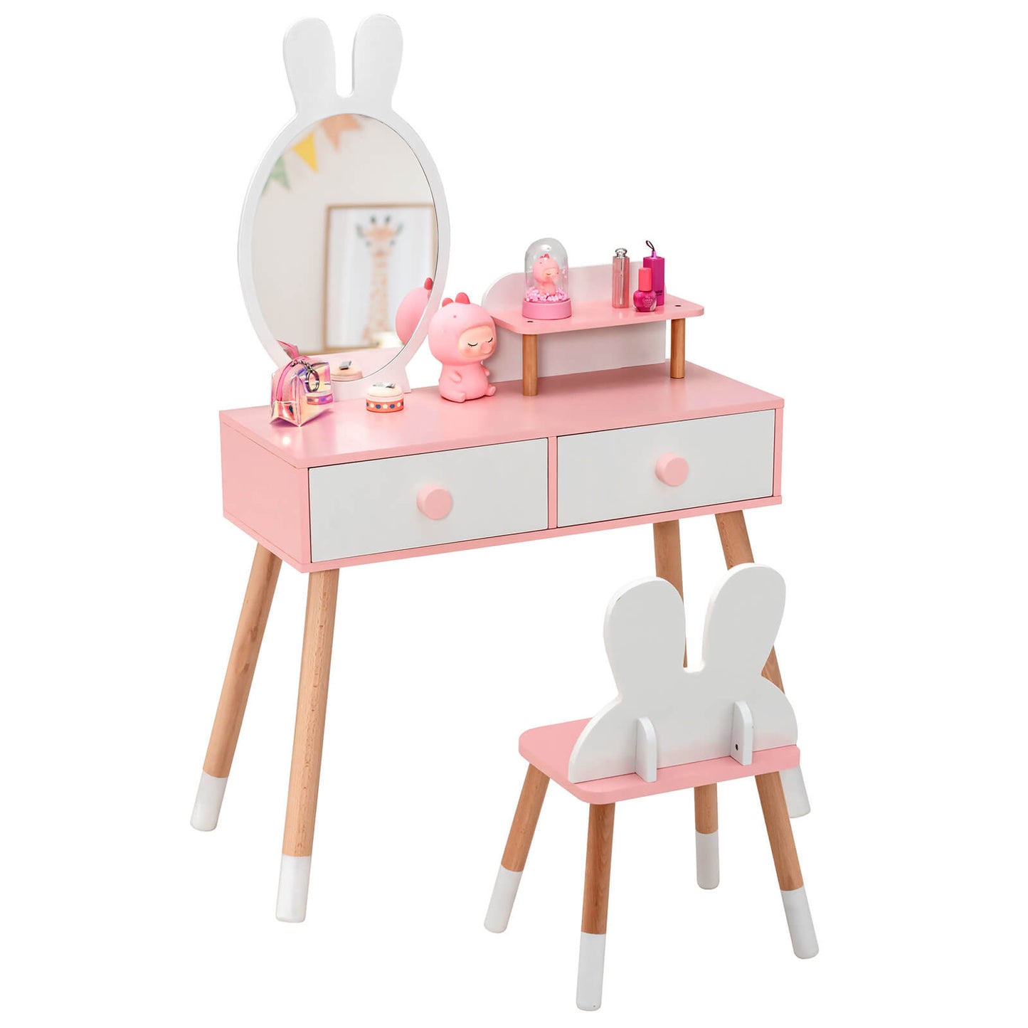 Kids Vanity Table and Chair Set with Rabbit Mirror - White