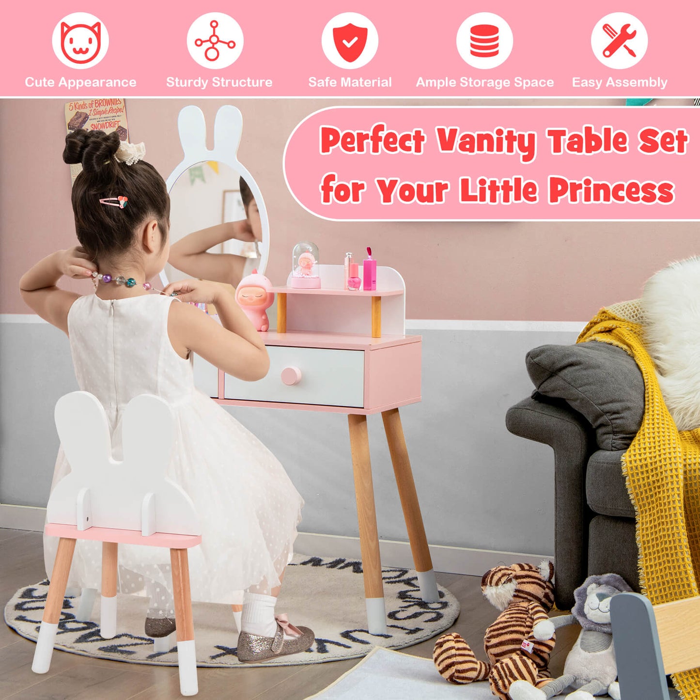 Kids Vanity Table and Chair Set with Rabbit Mirror - White