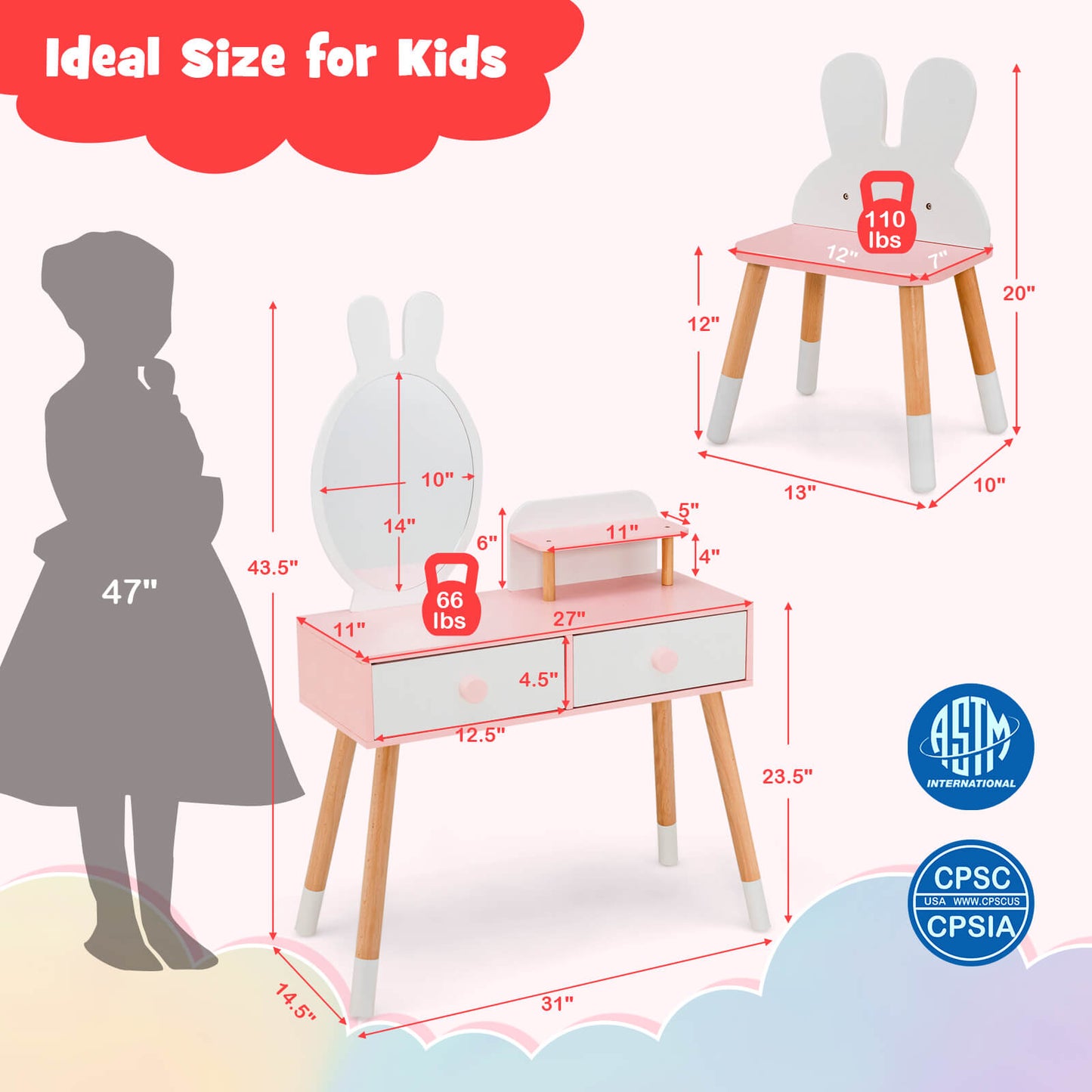 Kids Vanity Table and Chair Set with Rabbit Mirror - White