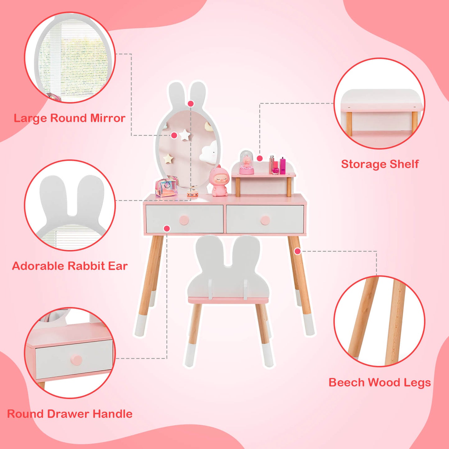 Kids Vanity Table and Chair Set with Rabbit Mirror - White