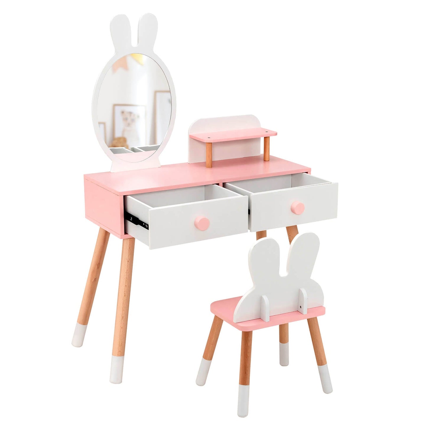 Kids Vanity Table and Chair Set with Rabbit Mirror - White