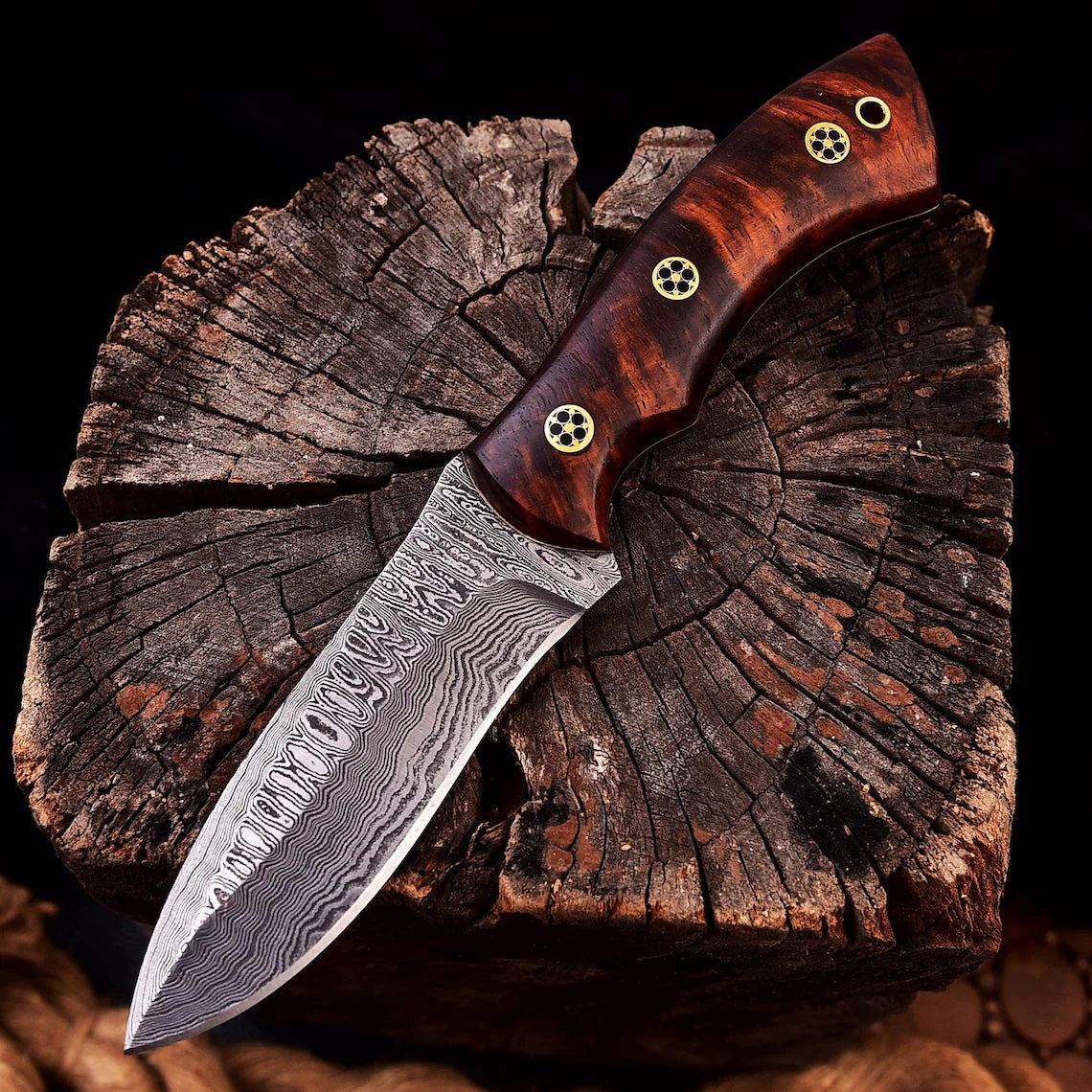 KBS Knives - 'Wilderness Warrior' Premium Custom Damascus Steel Hunting Knife with Elegant Rosewood Handle - Korvel
