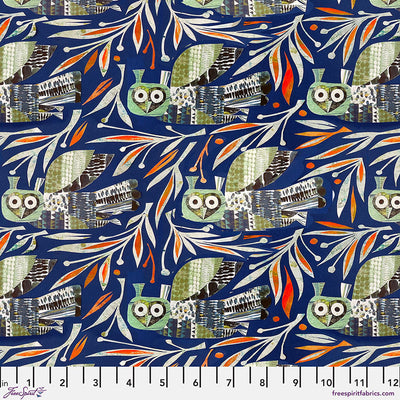 Tela de Algodón Oscura Azul Invierno con Búho - 44"/45" por Yarda