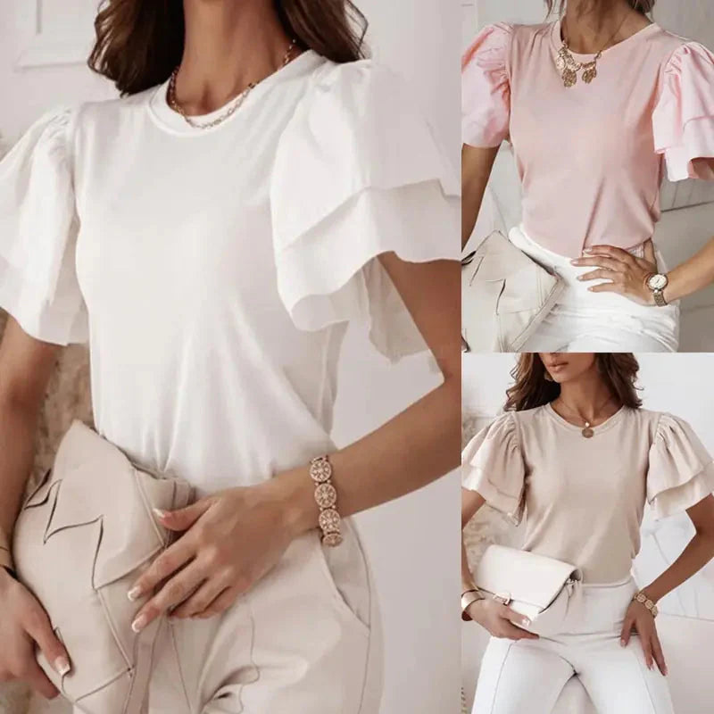 Blusa Sólida Elegante de Cuello Redondo para Oficina