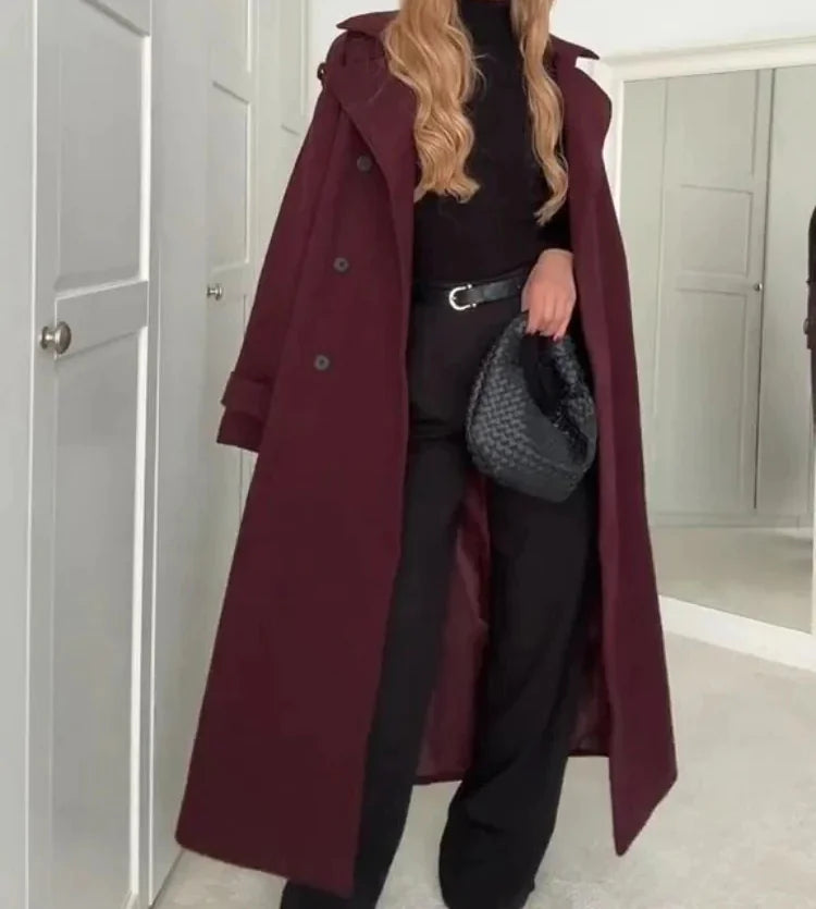 Manteau Maxi à Revers Bordeaux Élégant