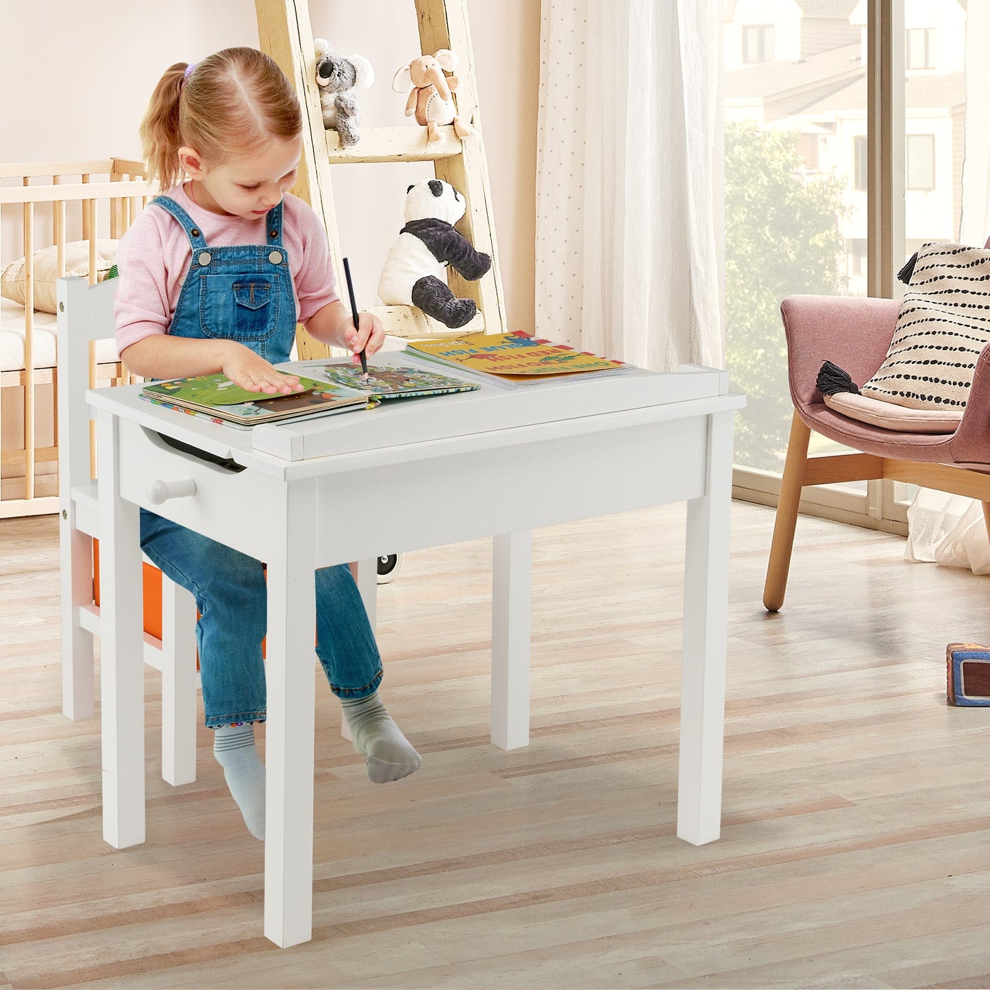 Flip-Top Wood Kids Activity Table and Chair Set - White