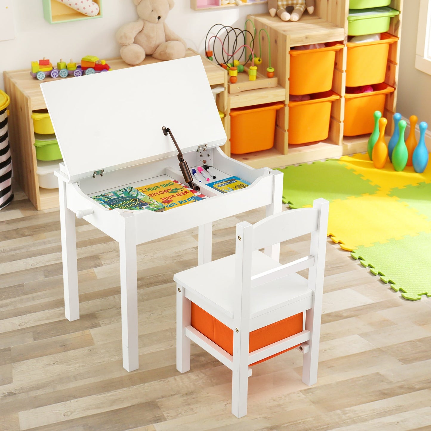 Flip-Top Wood Kids Activity Table and Chair Set - White