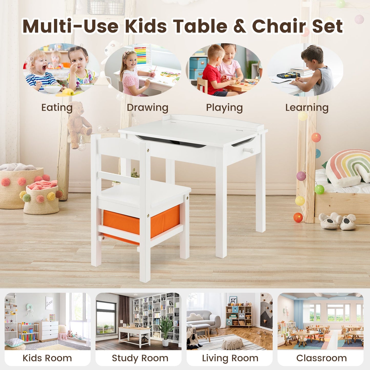 Flip-Top Wood Kids Activity Table and Chair Set - White