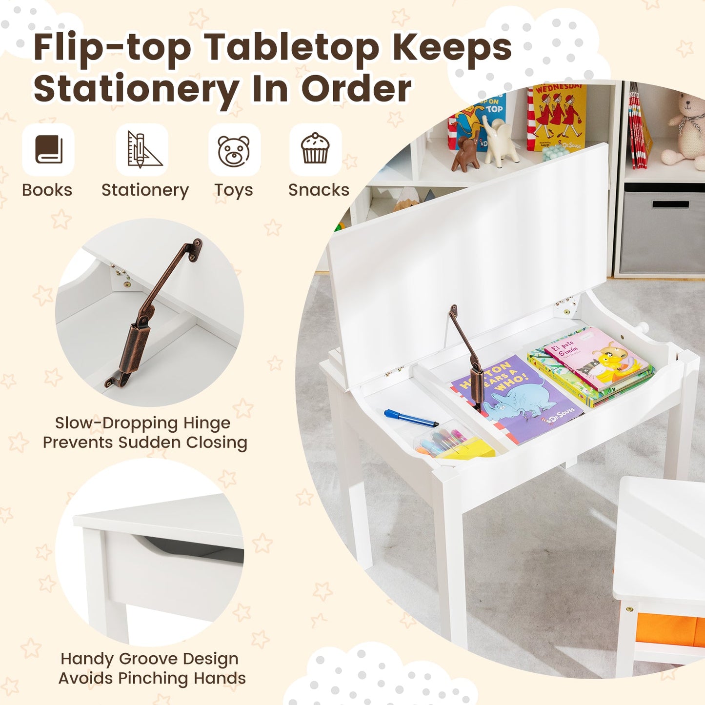 Flip-Top Wood Kids Activity Table and Chair Set - White