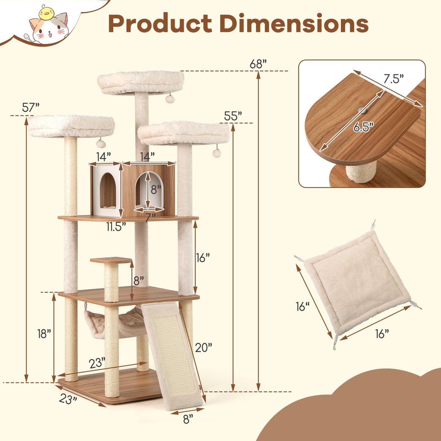 Árbol para Gatos Premium de 68 Pulgadas con Perchas Acolchadas y Poste de Rascado