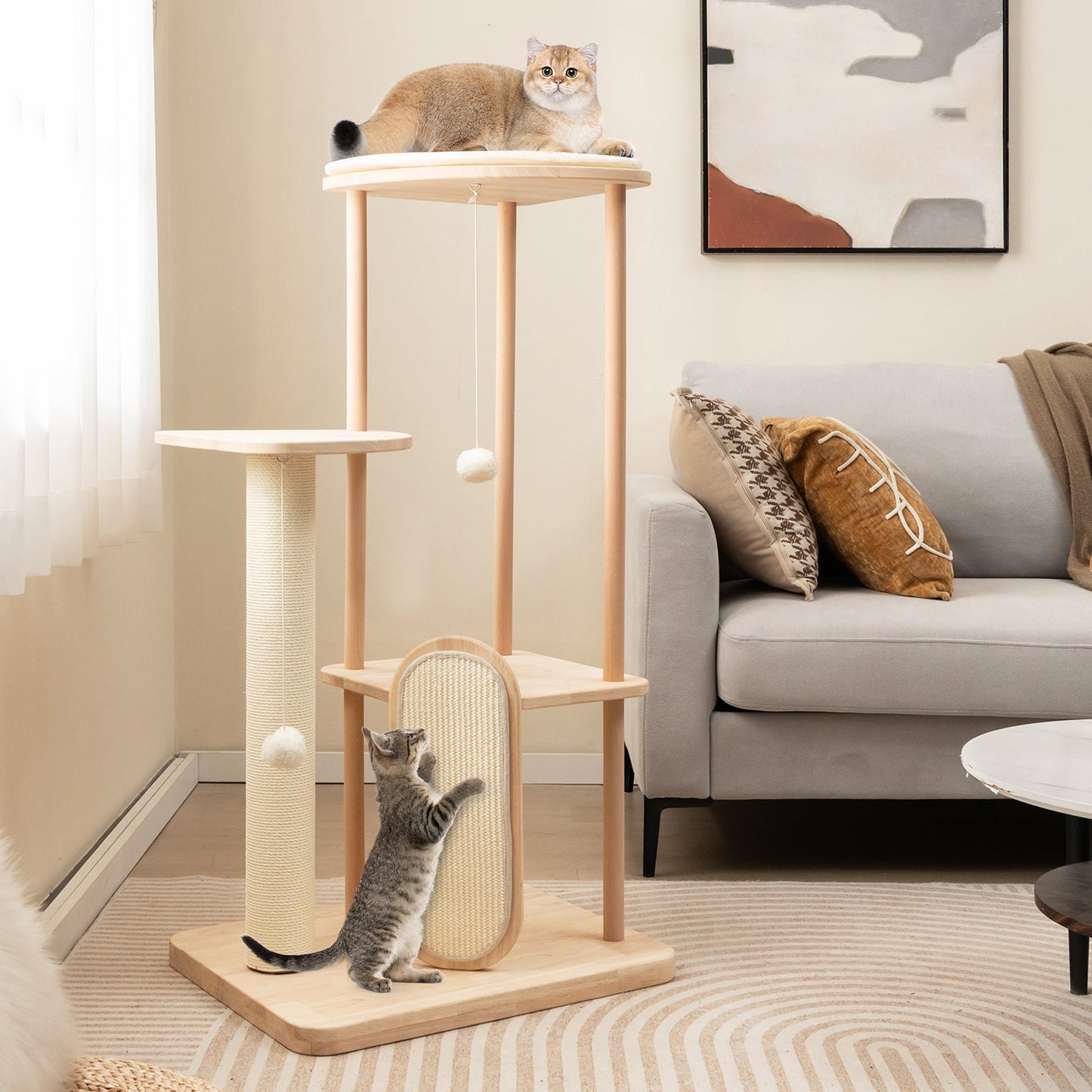Torre para Gatos Moderna de Madera de Múltiples Niveles con Tablero de Rasguño - 44 pulgadas