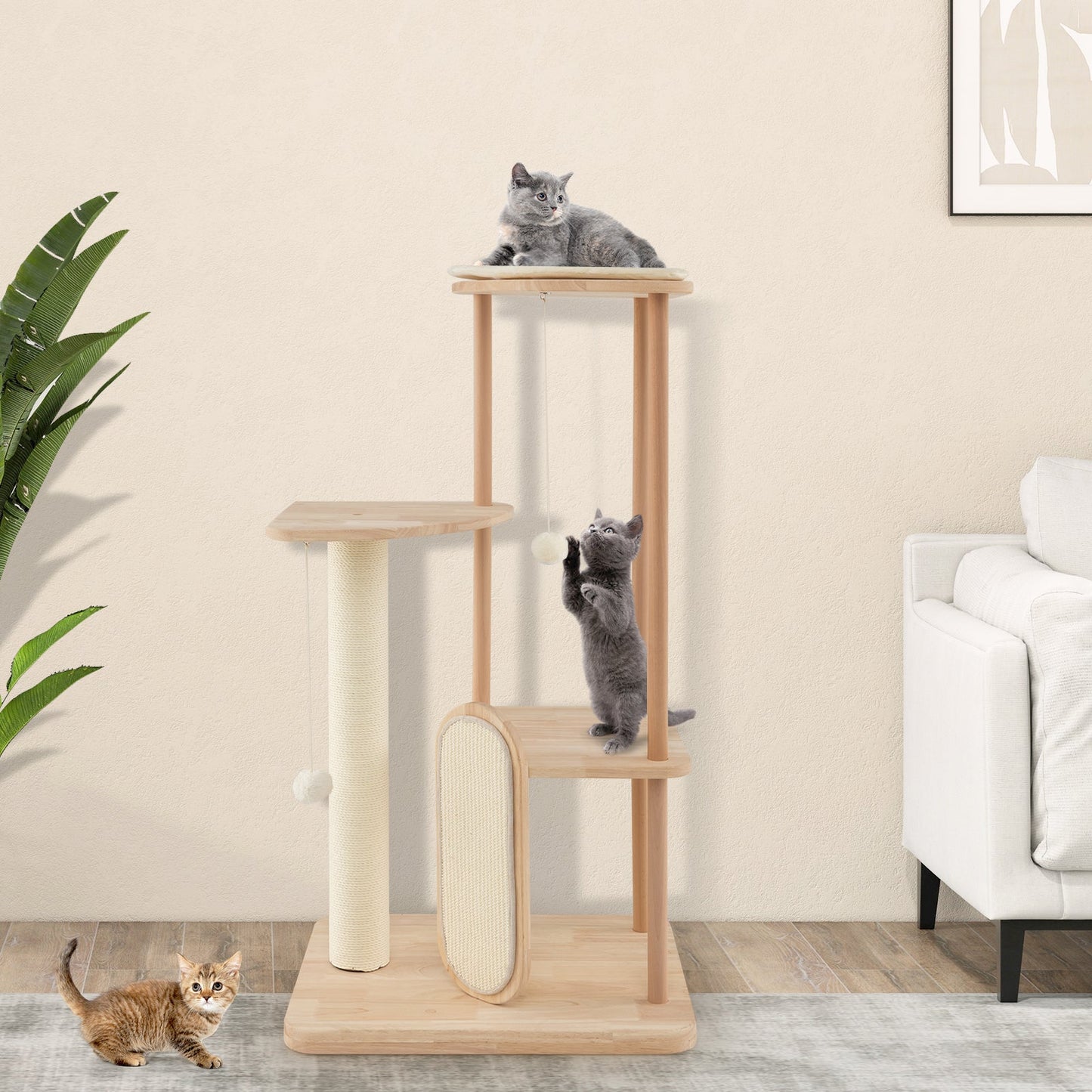 Torre para Gatos Moderna de Madera de Múltiples Niveles con Tablero de Rasguño - 44 pulgadas