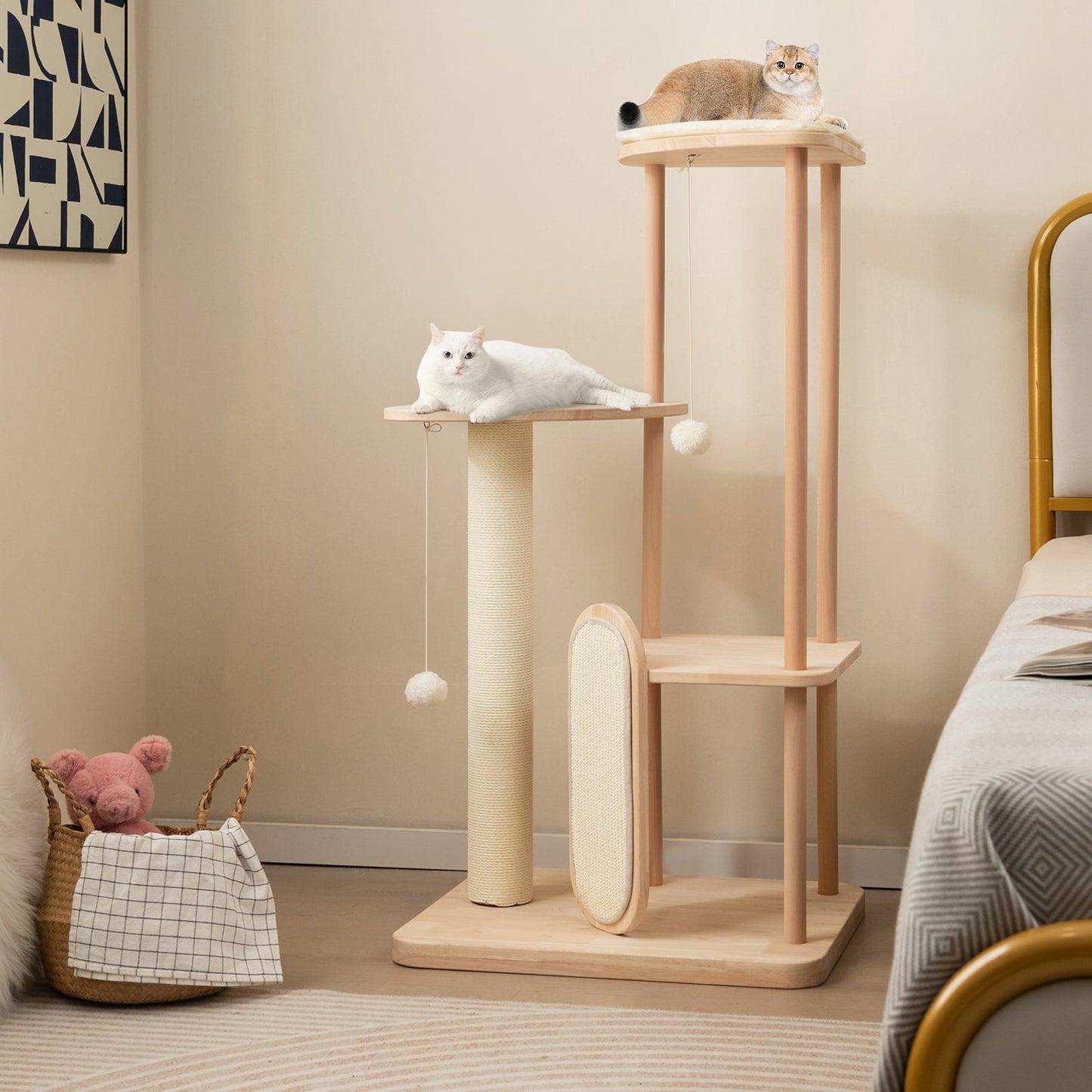Torre para Gatos Moderna de Madera de Múltiples Niveles con Tablero de Rasguño - 44 pulgadas
