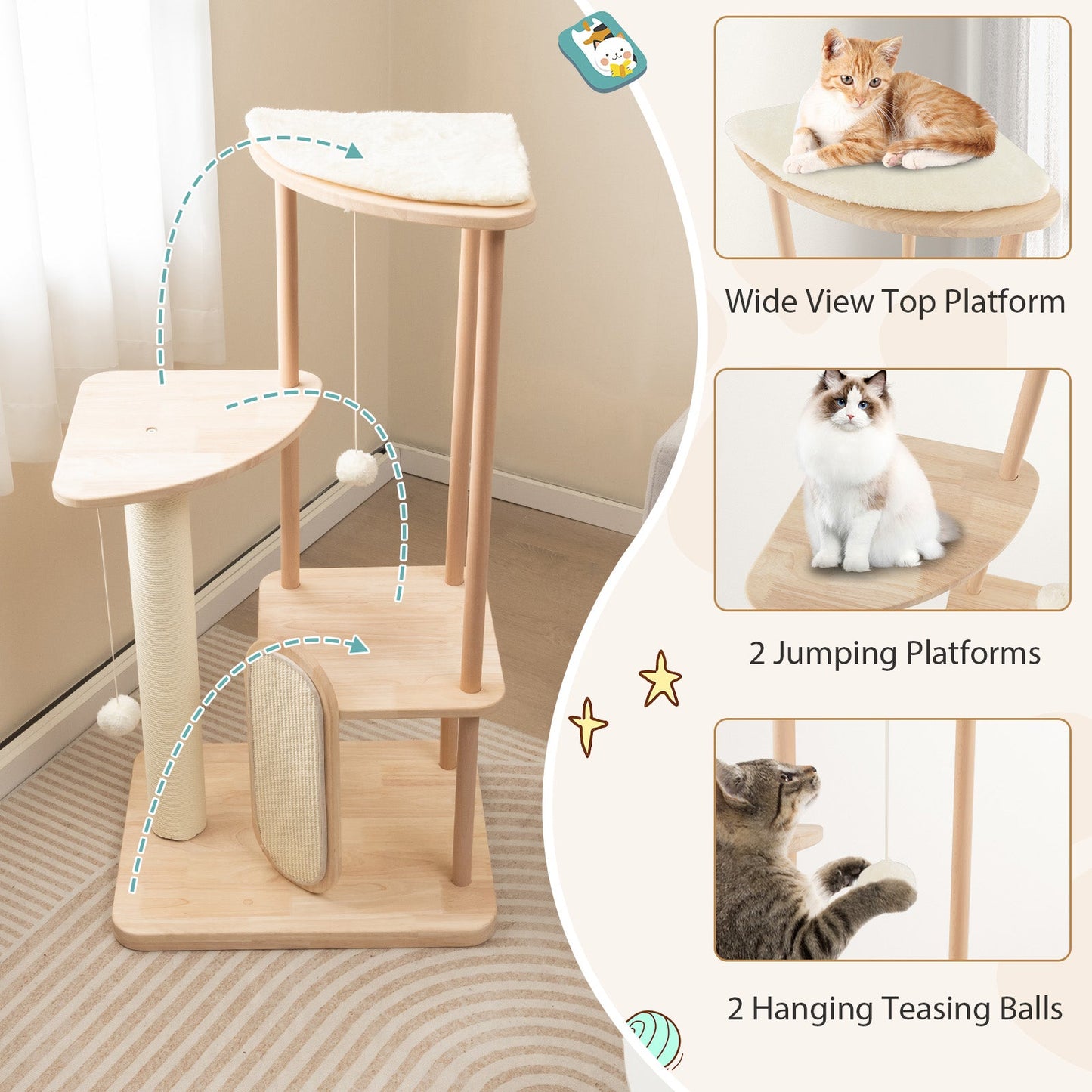 Torre para Gatos Moderna de Madera de Múltiples Niveles con Tablero de Rasguño - 44 pulgadas
