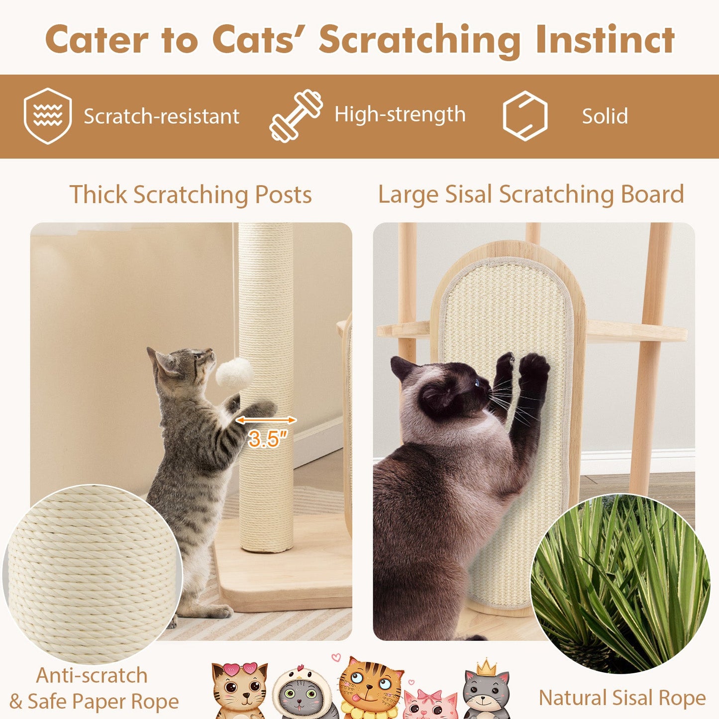 Torre para Gatos Moderna de Madera de Múltiples Niveles con Tablero de Rasguño - 44 pulgadas