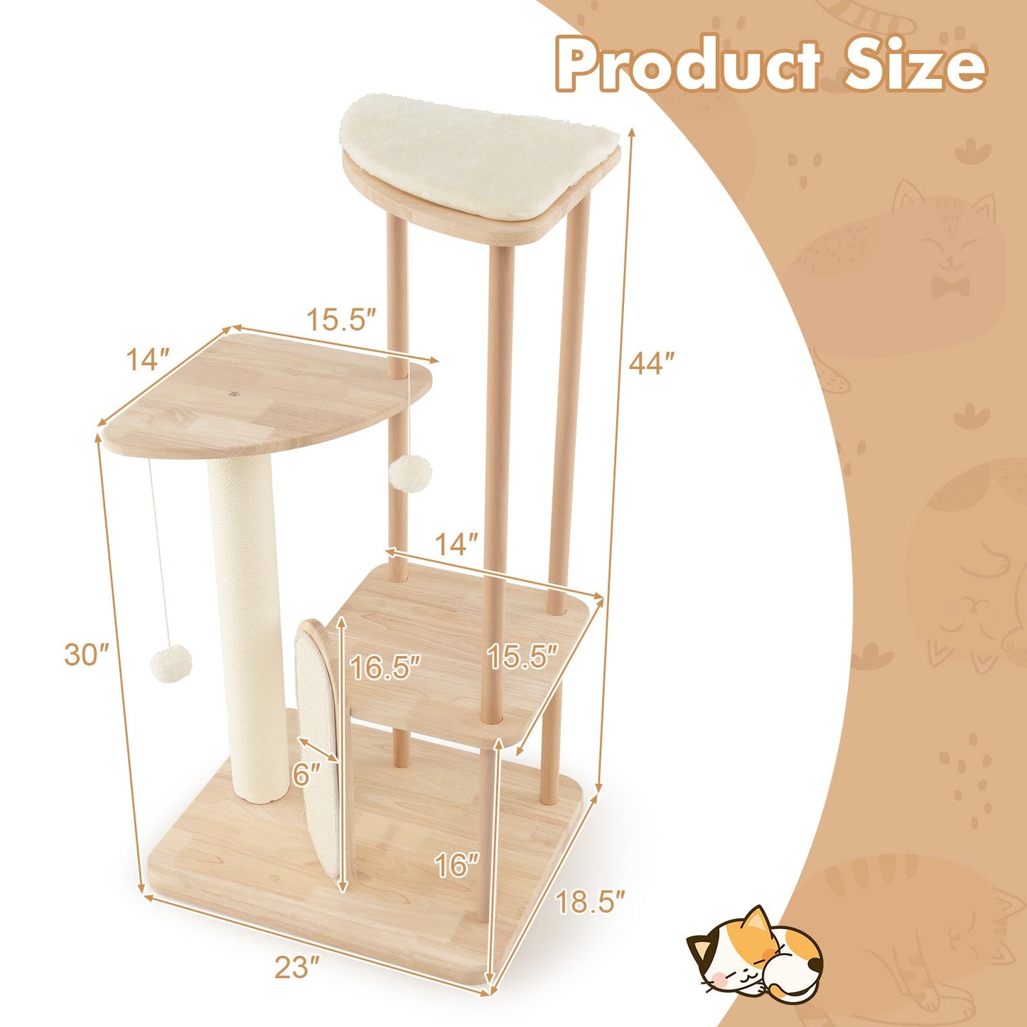 Torre para Gatos Moderna de Madera de Múltiples Niveles con Tablero de Rasguño - 44 pulgadas