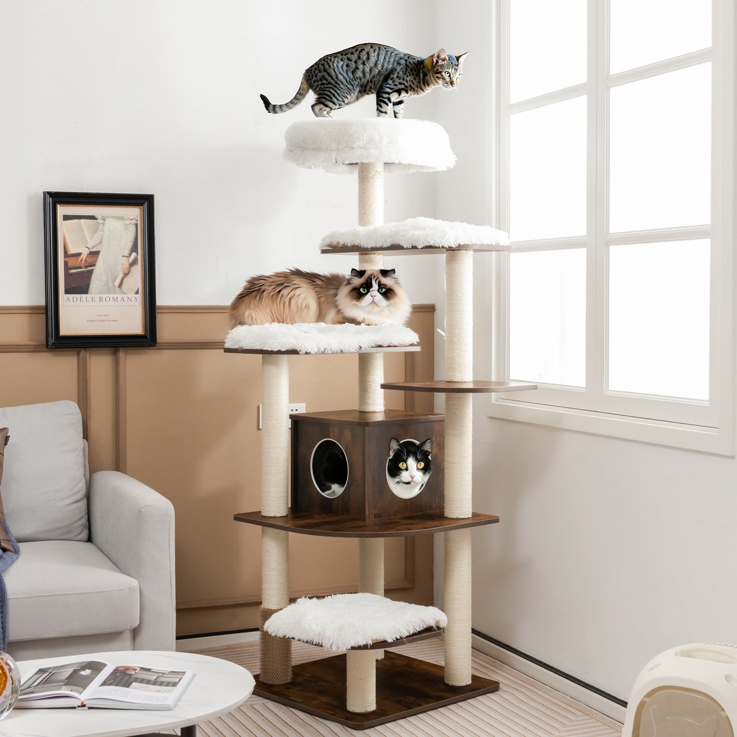 7-Layer Wooden Cat Tree Tower with Sisal Posts - Brown