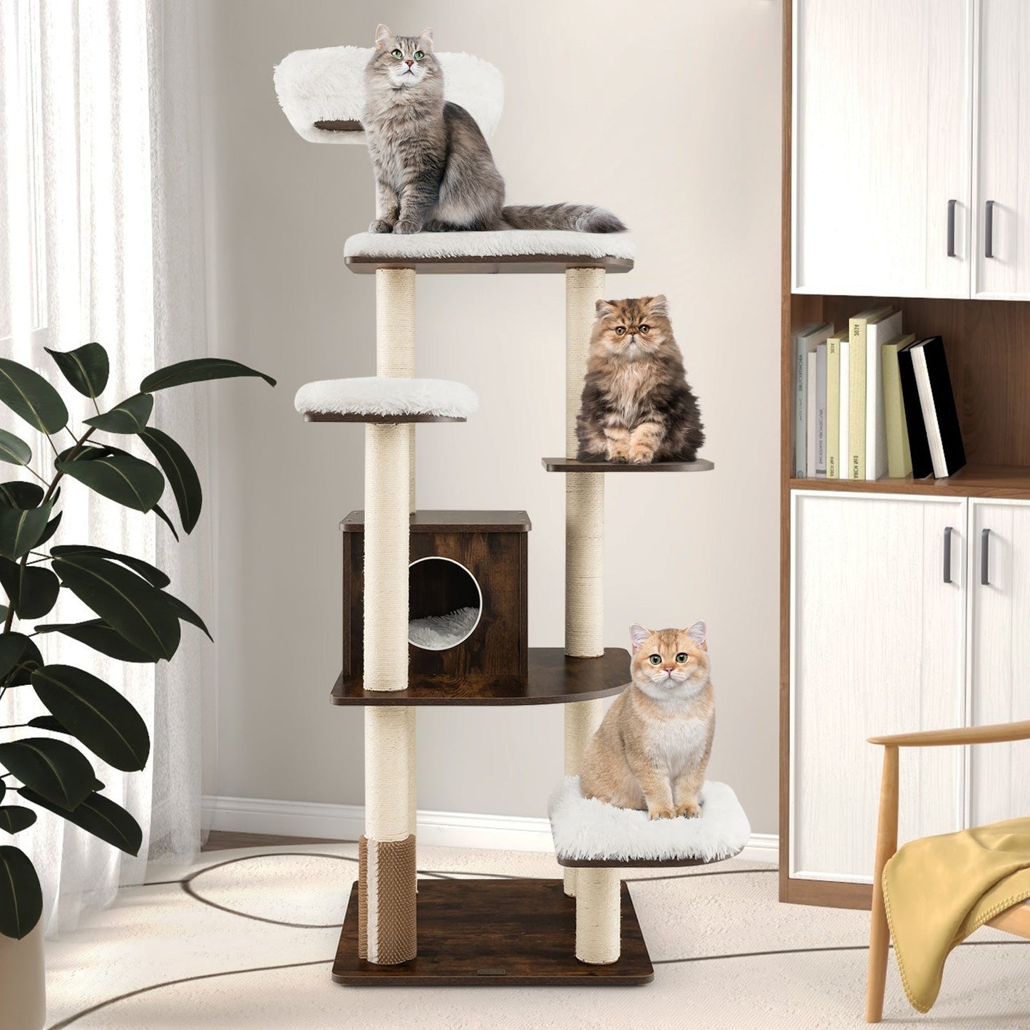 7-Layer Wooden Cat Tree Tower with Sisal Posts - Brown