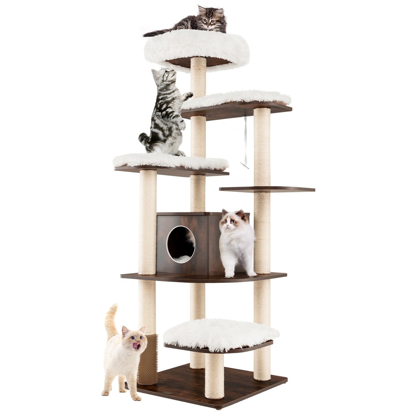 7-Layer Wooden Cat Tree Tower with Sisal Posts - Brown