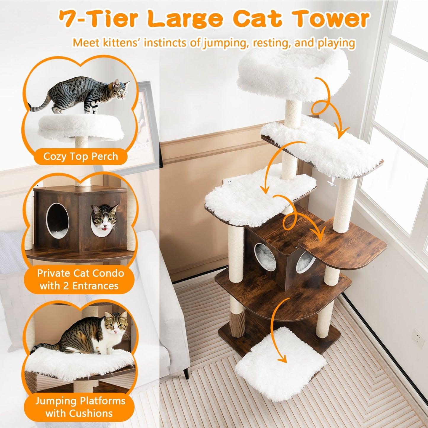 7-Layer Wooden Cat Tree Tower with Sisal Posts - Brown