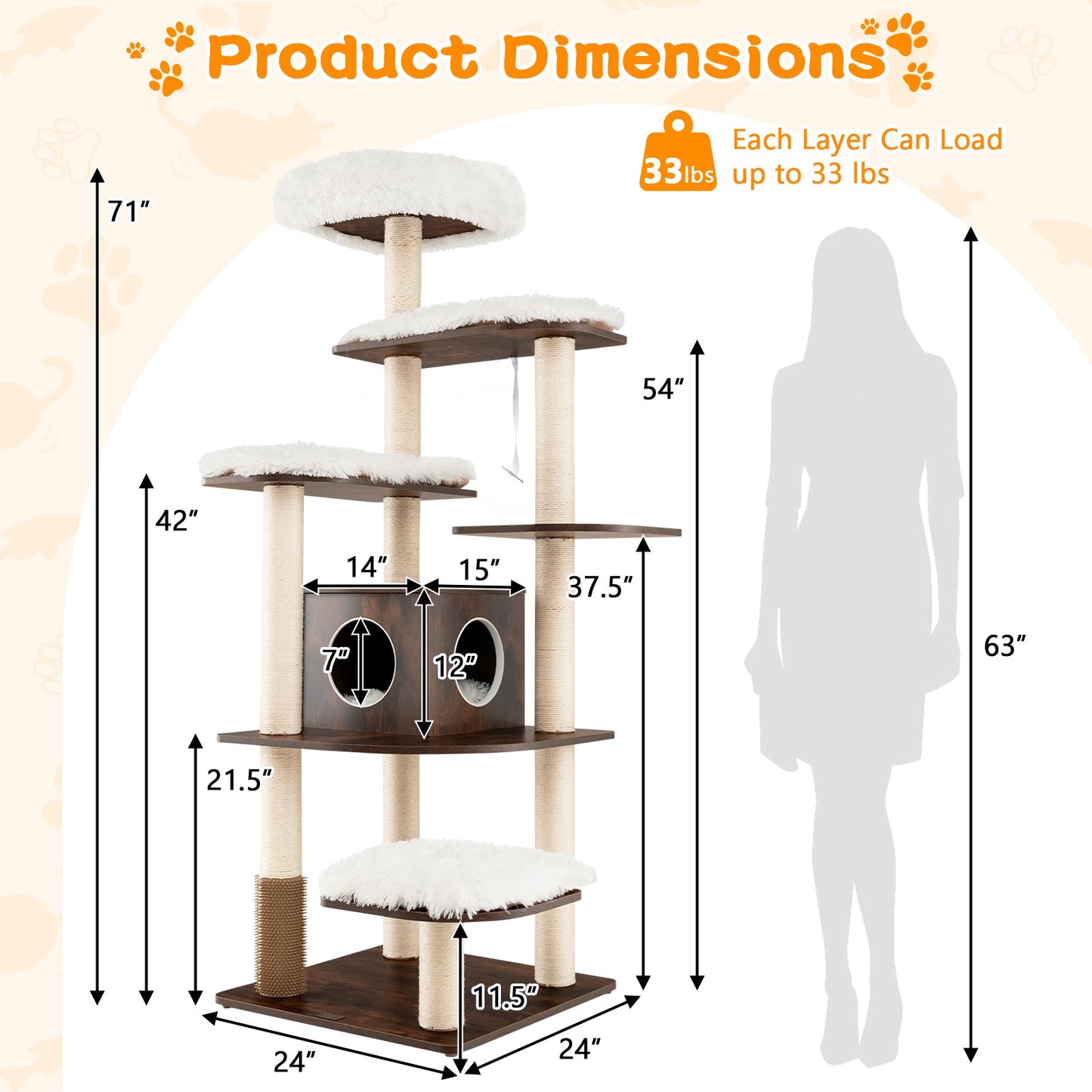 7-Layer Wooden Cat Tree Tower with Sisal Posts - Brown