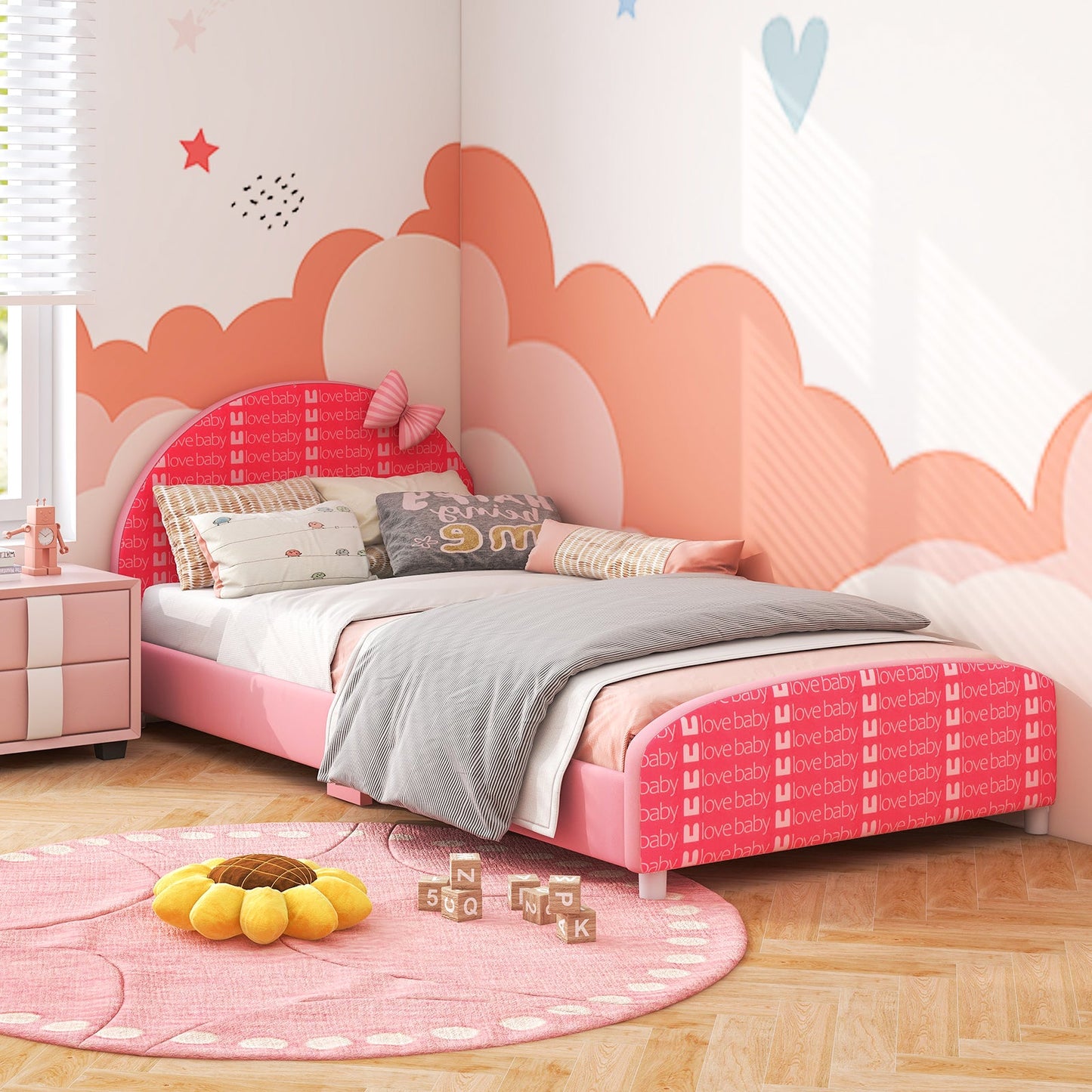 Cama Plataforma Twin Tapizada de Madera - Rosa