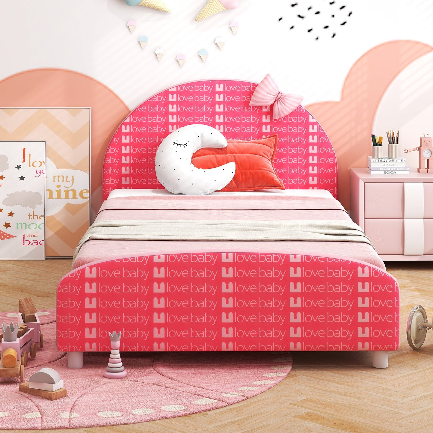 Cama Plataforma Twin Tapizada de Madera - Rosa