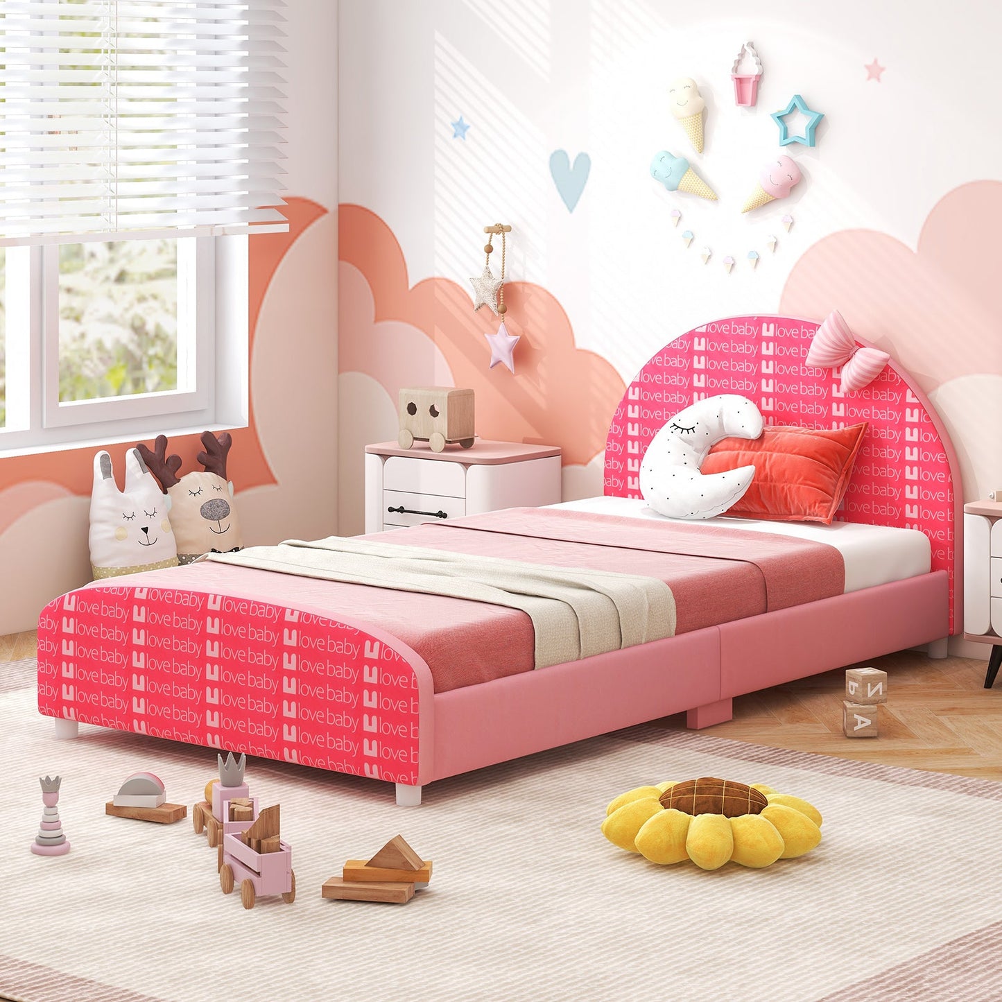 Cama Plataforma Twin Tapizada de Madera - Rosa