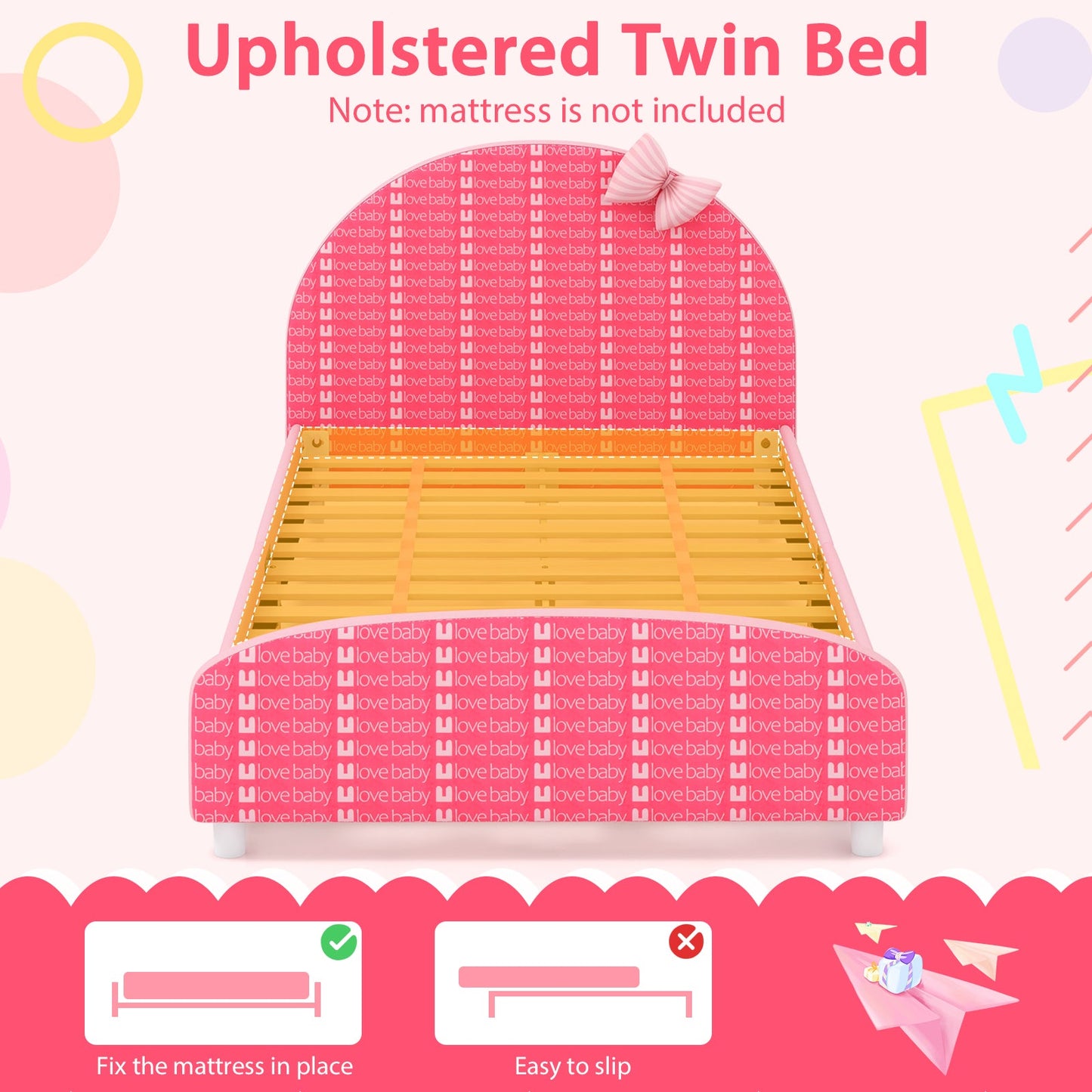 Cama Plataforma Twin Tapizada de Madera - Rosa