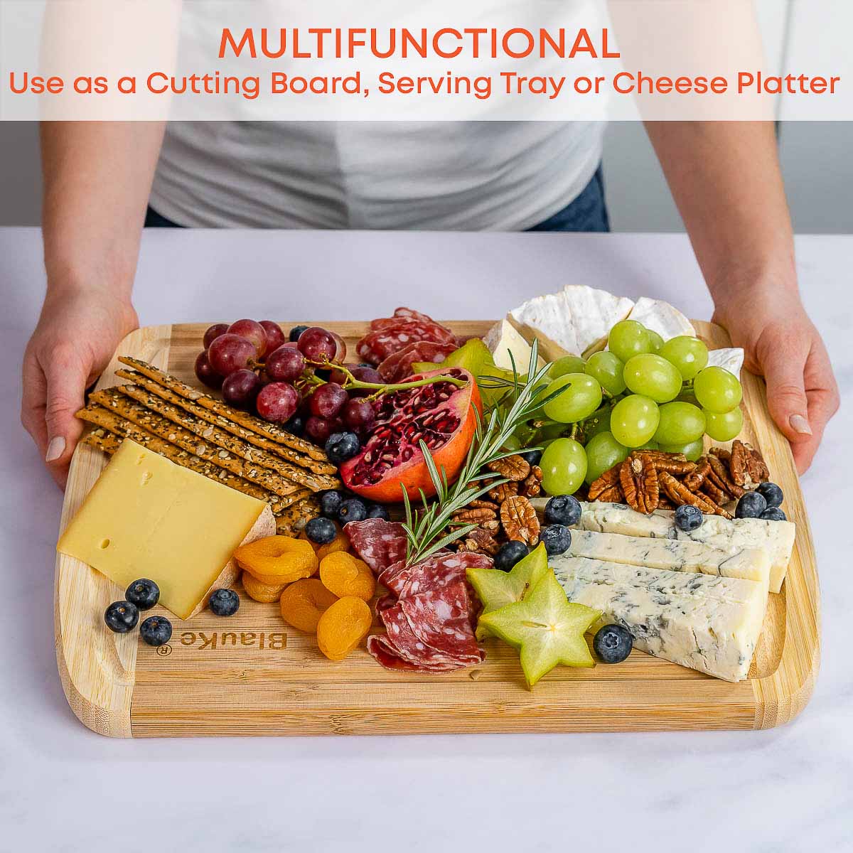 Large Bamboo Cutting Board – 14"x11" Double-Sided with Deep Juice Groove - Korvel
