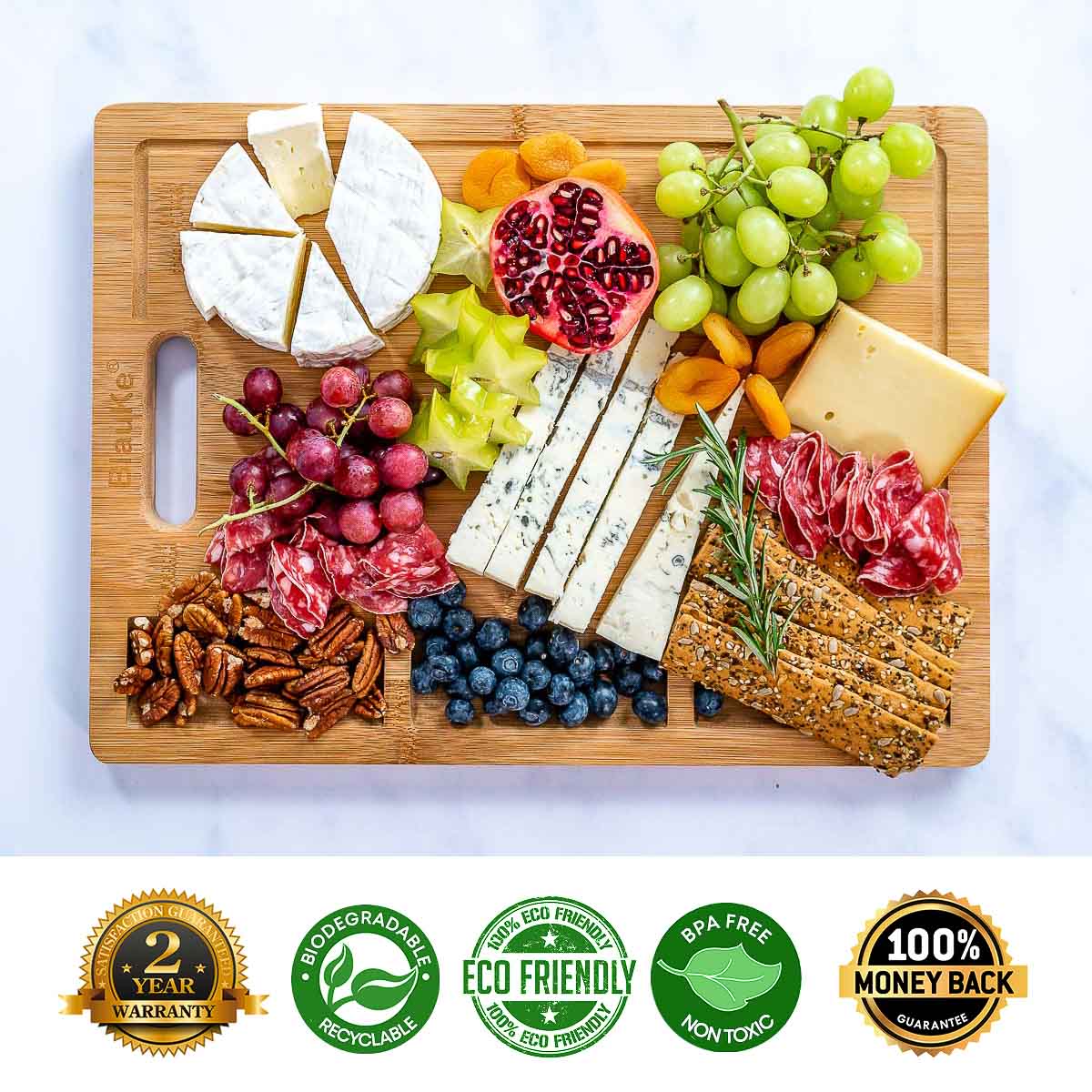Extra Large Bamboo Cutting Board – 17"x12" Double-Sided with Juice Groove, 3 Compartments & Handle - Korvel