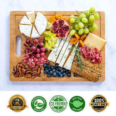 Extra Large Bamboo Cutting Board – 17"x12" Double-Sided with Juice Groove, 3 Compartments & Handle - Korvel