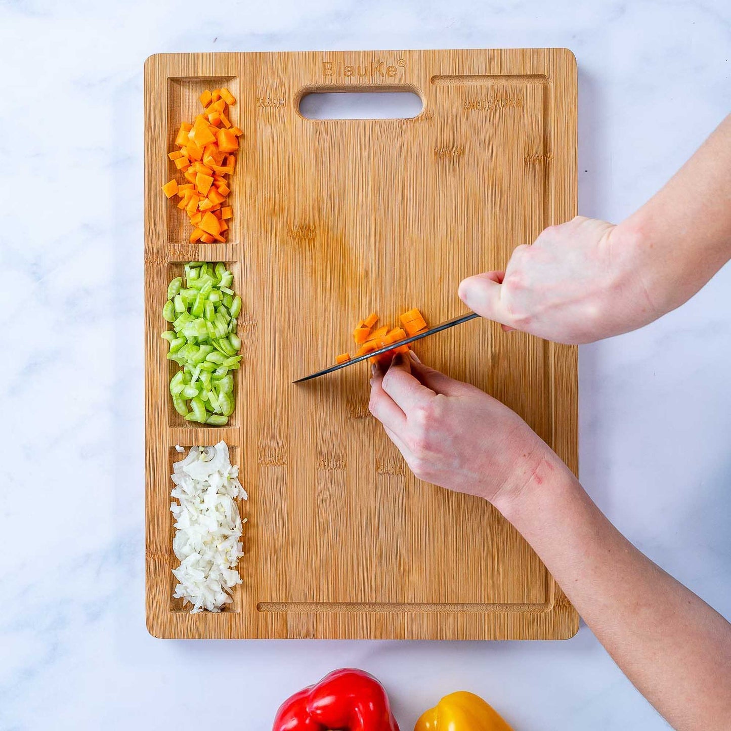 Extra Large Bamboo Cutting Board – 17"x12" Double-Sided with Juice Groove, 3 Compartments & Handle - Korvel