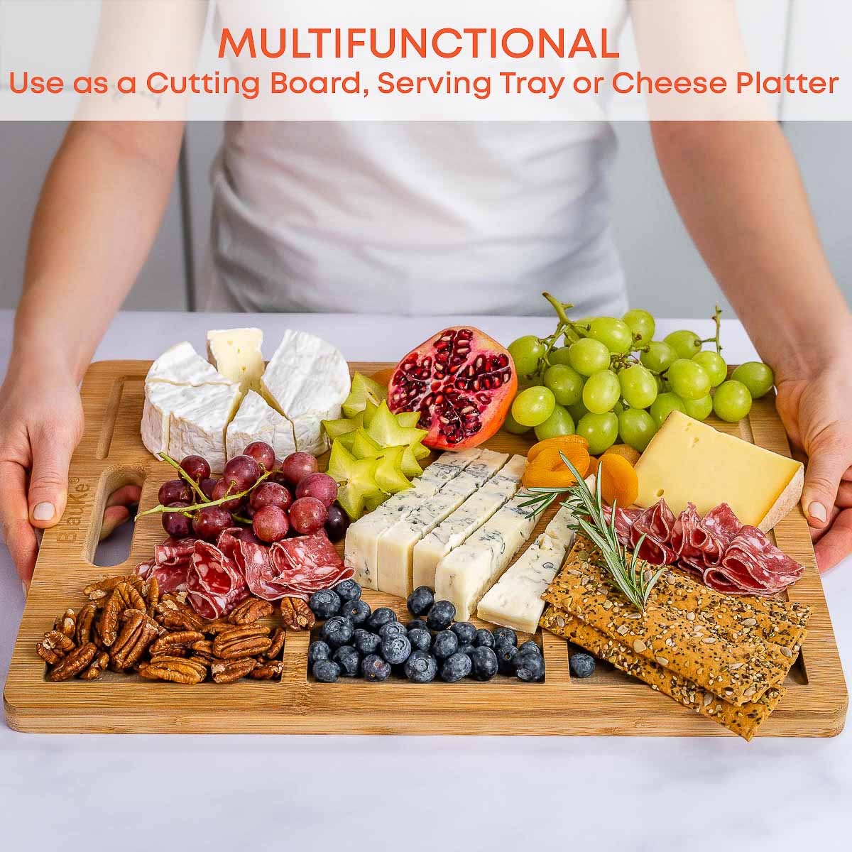 Extra Large Bamboo Cutting Board – 17"x12" Double-Sided with Juice Groove, 3 Compartments & Handle - Korvel