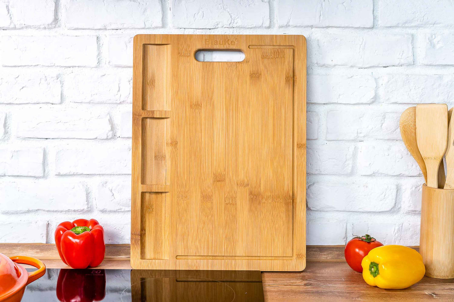Extra Large Bamboo Cutting Board – 17"x12" Double-Sided with Juice Groove, 3 Compartments & Handle - Korvel
