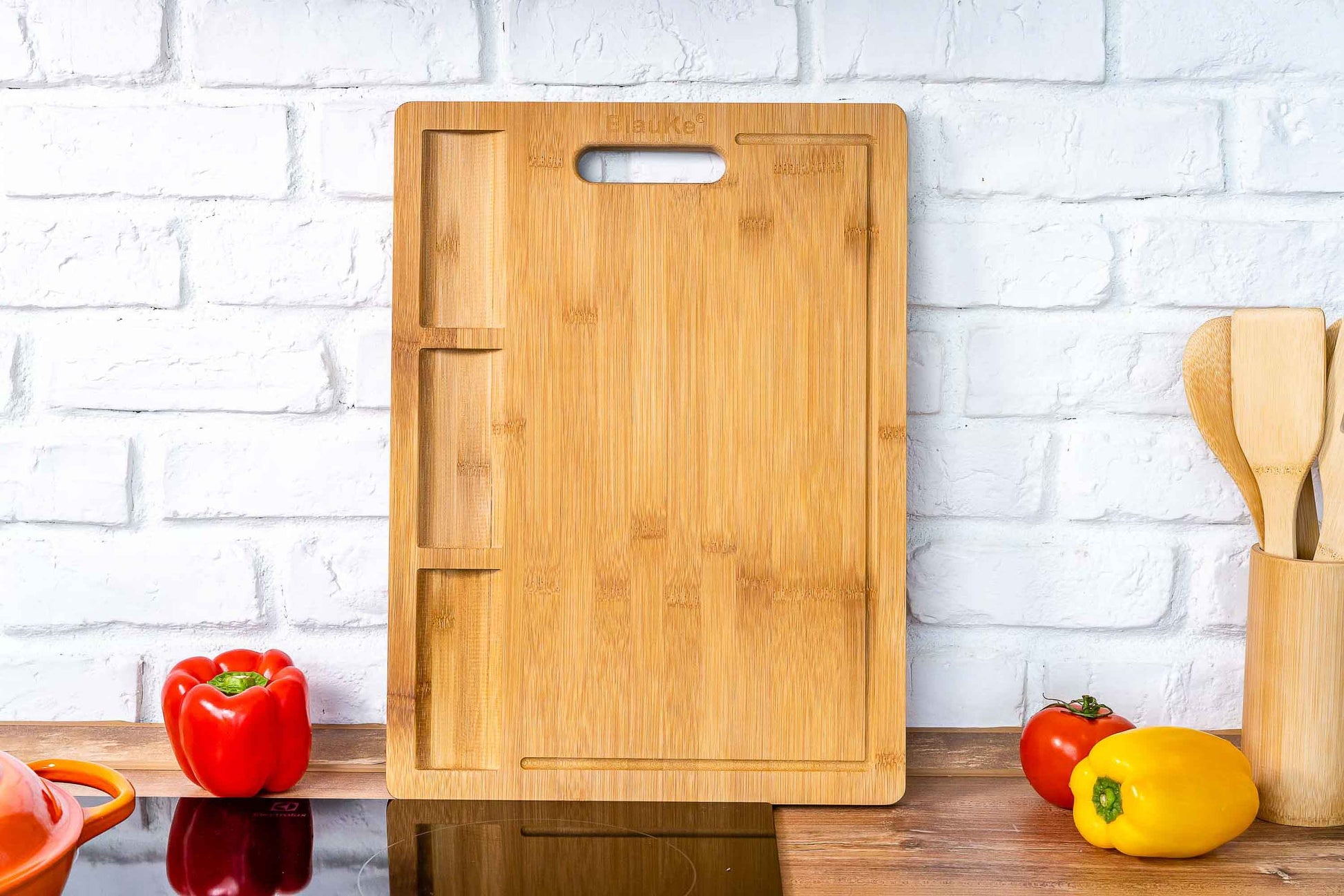 Extra Large Bamboo Cutting Board – 17"x12" Double-Sided with Juice Groove, 3 Compartments & Handle - Korvel