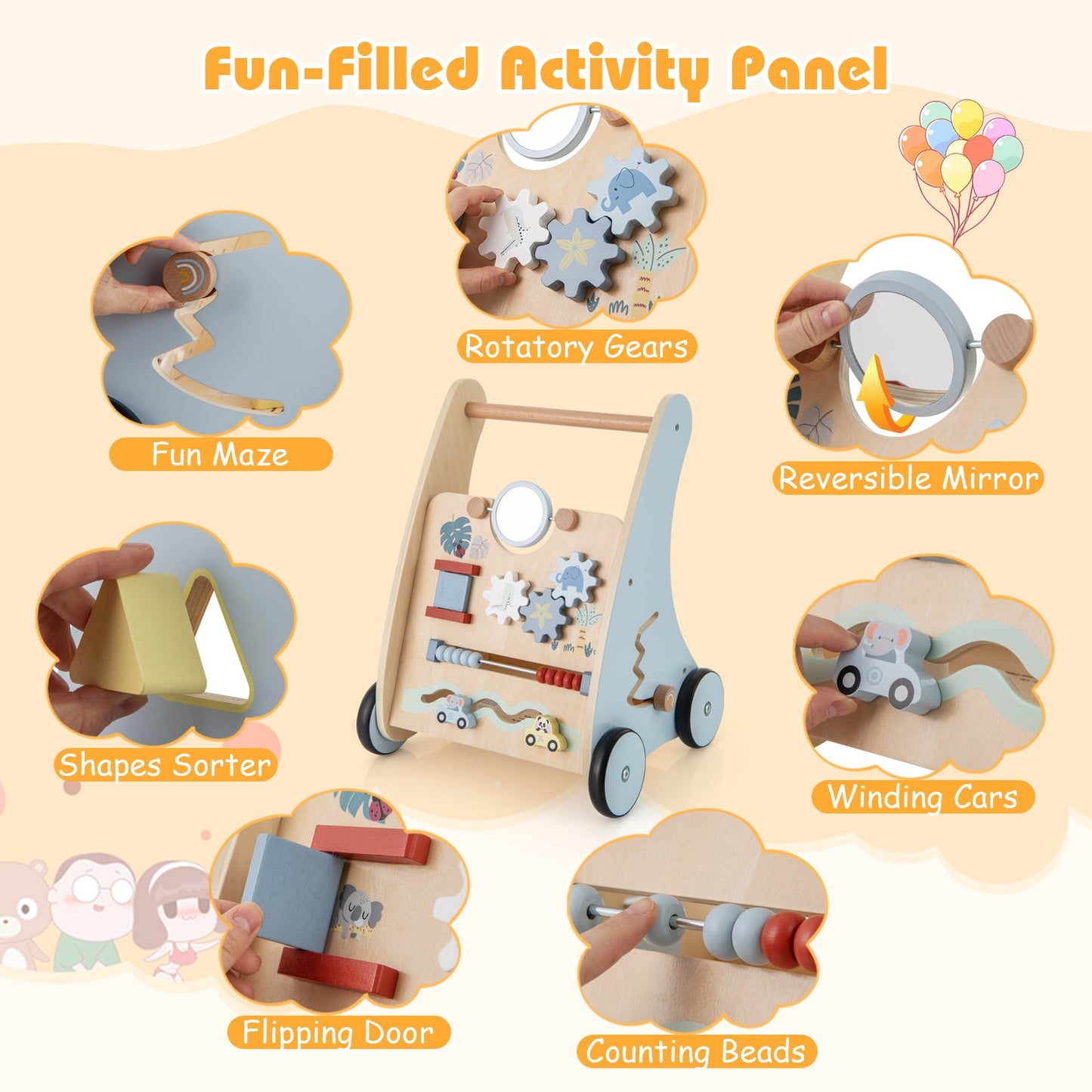 Wooden Baby Push and Pull Walker with Learning Center