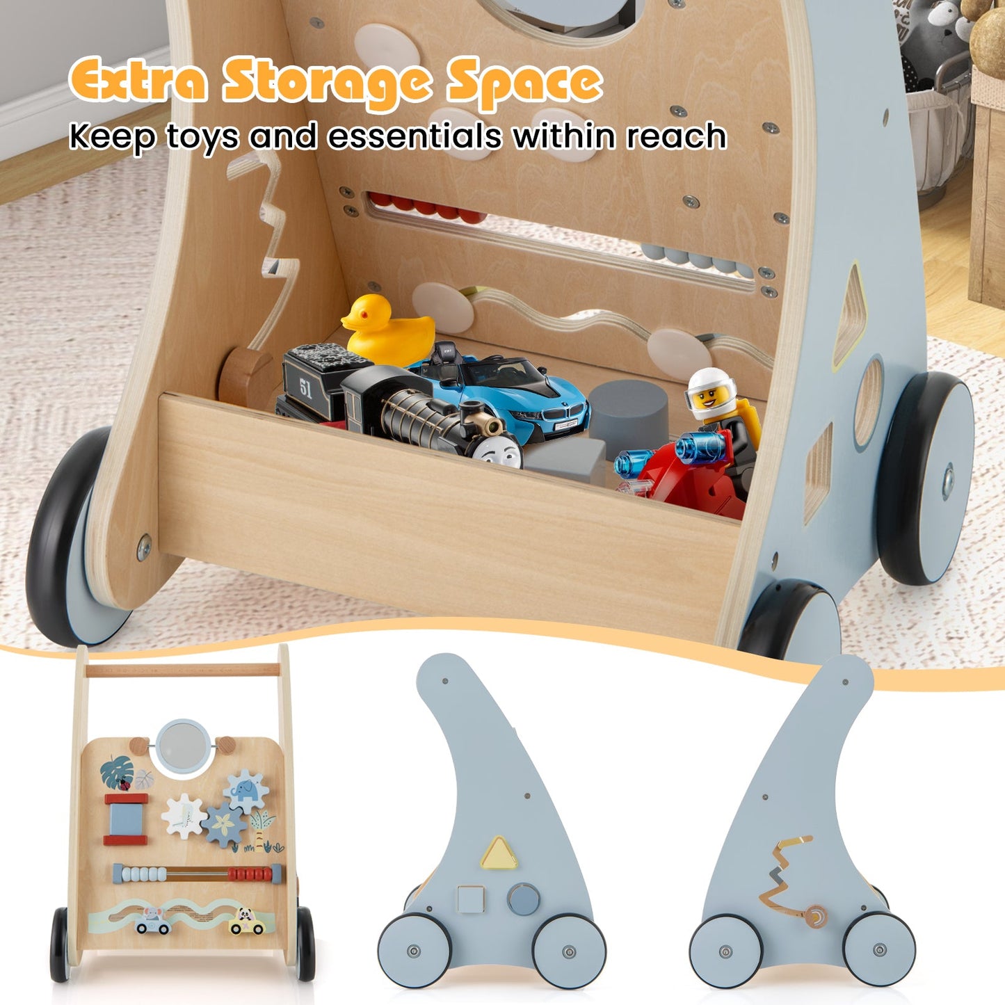 Wooden Baby Push and Pull Walker with Learning Center