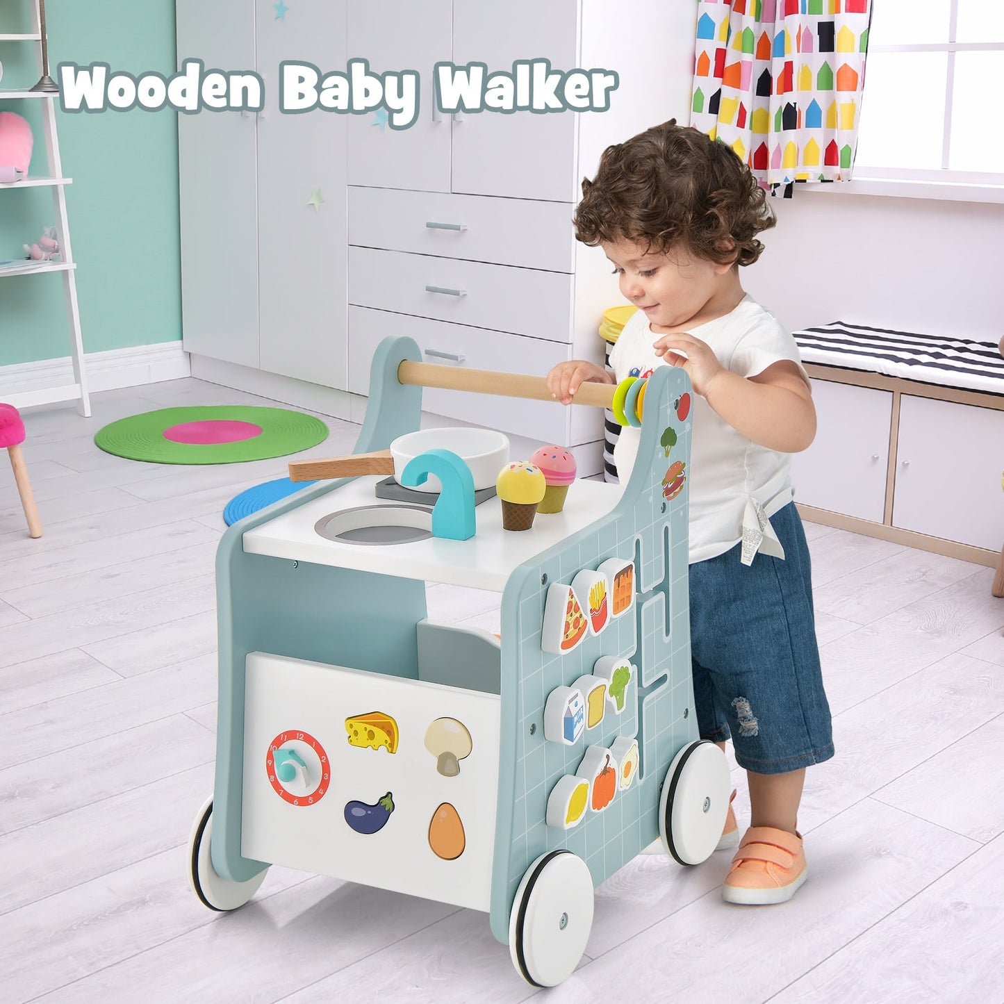 6-in-1 Wooden Baby Stroller with Play Kitchen - Blue